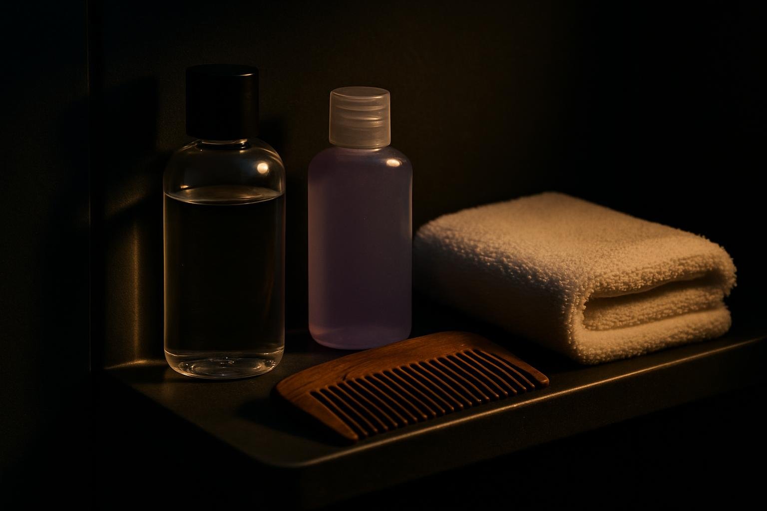 A shower shelf with an unbranded clear bottle labeled by cap color, a purple-tinted liquid in a translucent travel bottle, a white towel, and a wooden beard comb under cool bathroom light.