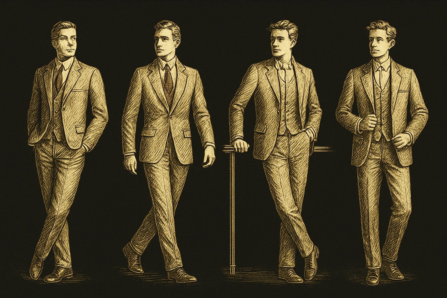 four etched full‑length gentleman figures showing: a relaxed angled stance with weight on back foot; a step‑in walking pose; a light hip‑height lean on a rail; a jacket‑open pose with one hand on the placket