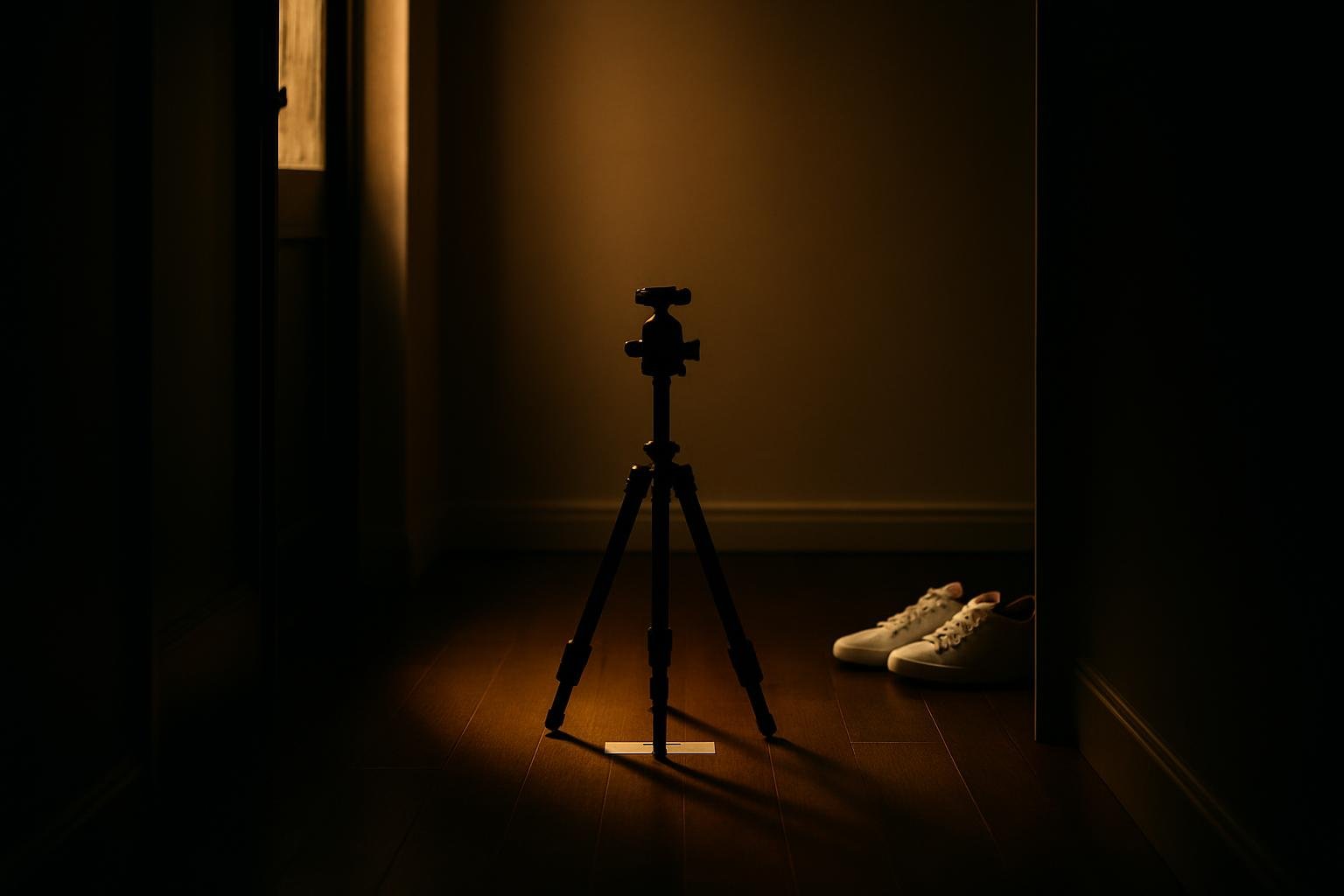 a hallway with soft window light, a small tripod at belly‑button height marked by tape on the floor, a neutral wall in the distance and a pair of clean sneakers by the door