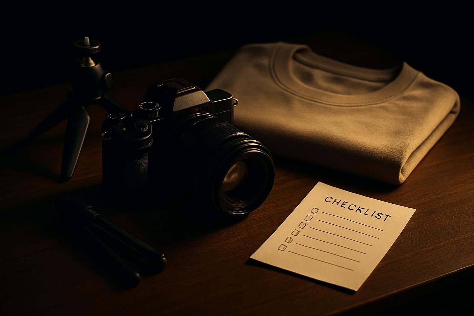 a mirrorless camera, a small tripod, a neutral crewneck shirt, and a folded paper checklist on a wooden table under soft morning window light