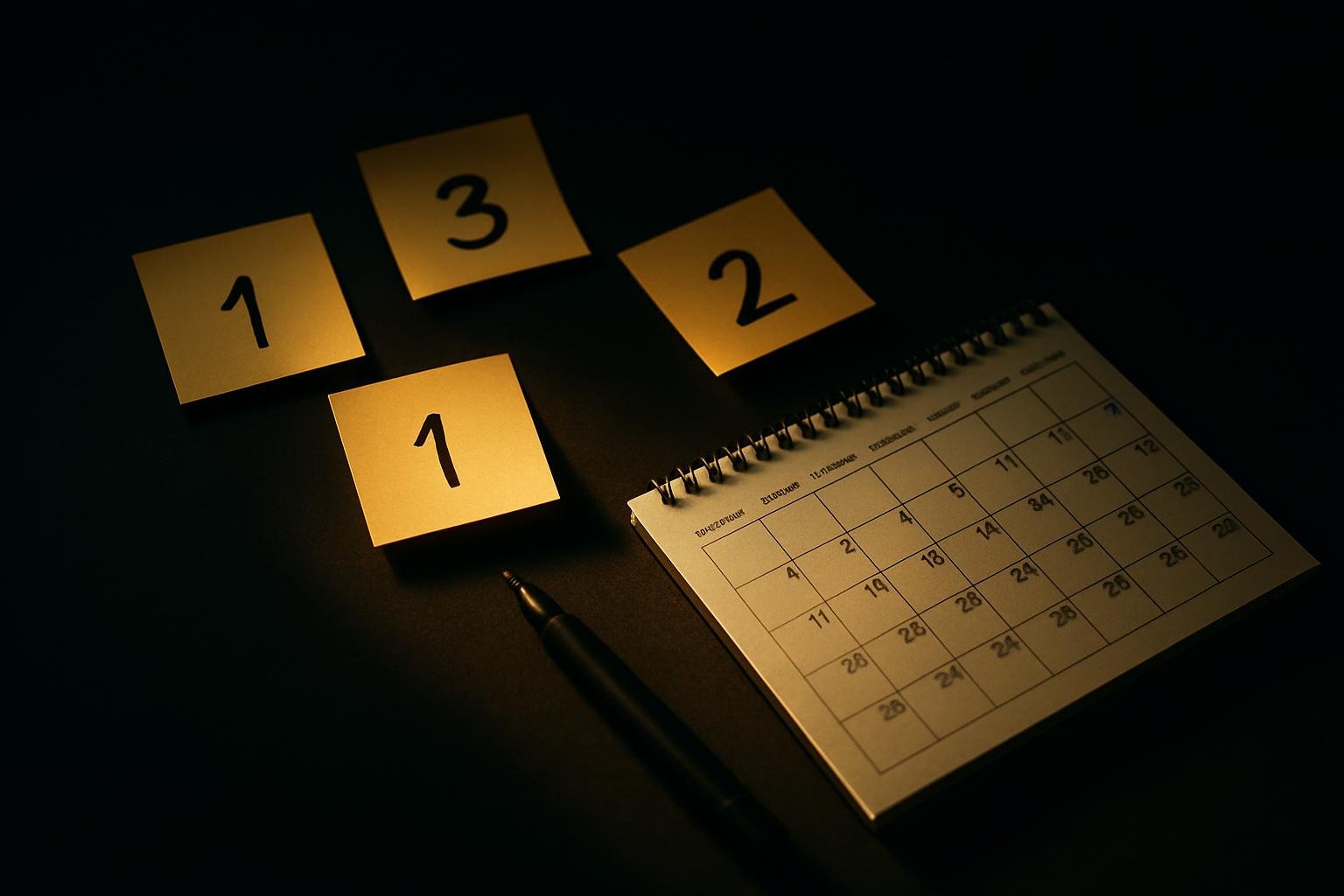 sticky notes with numbers, a wall calendar opened to the current month, and a black fine-tip marker on a clean tabletop under bright daylight