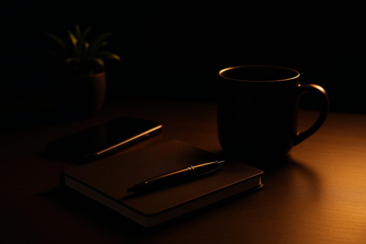 a closed notebook with a pen, a ceramic coffee mug, and a phone facedown beside a small plant on a clean desk under warm evening light