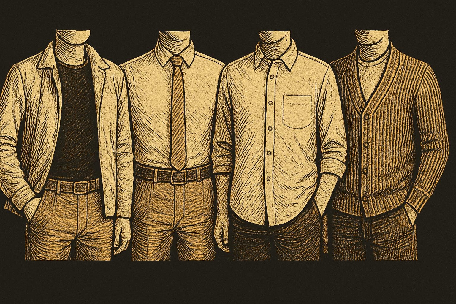 four etched gentleman torsos showing: 1) open lightweight jacket over a darker tee, 2) mid-rise trousers with low-contrast belt, 3) curved-hem untucked Oxford at mid-fly, 4) ribbed cardigan creating vertical lines