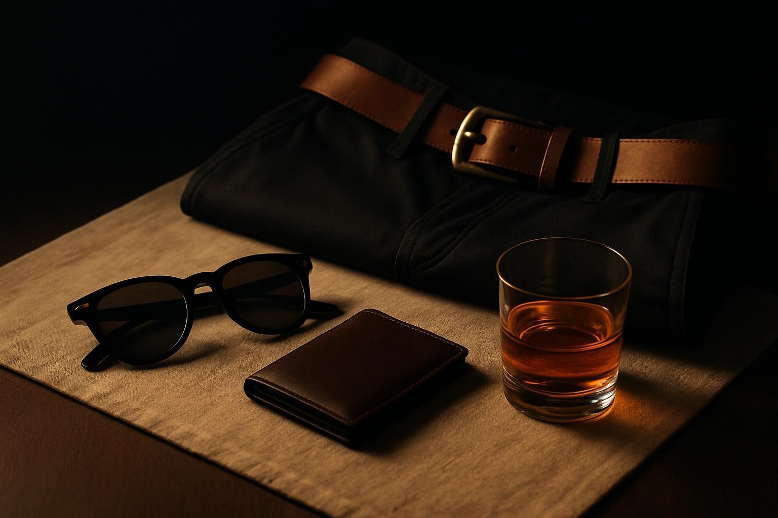 a leather belt matched to dark chinos beside a pair of sunglasses, a slim wallet, and a short tumbler glass on a linen runner under soft morning light