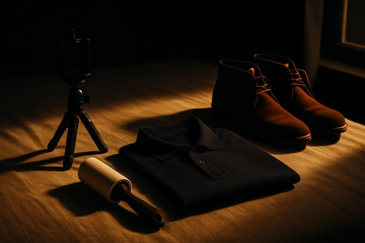 a compact phone tripod, a lint roller, a folded navy polo, and a pair of suede boots laid out on a clean bedspread beside a window with soft afternoon light