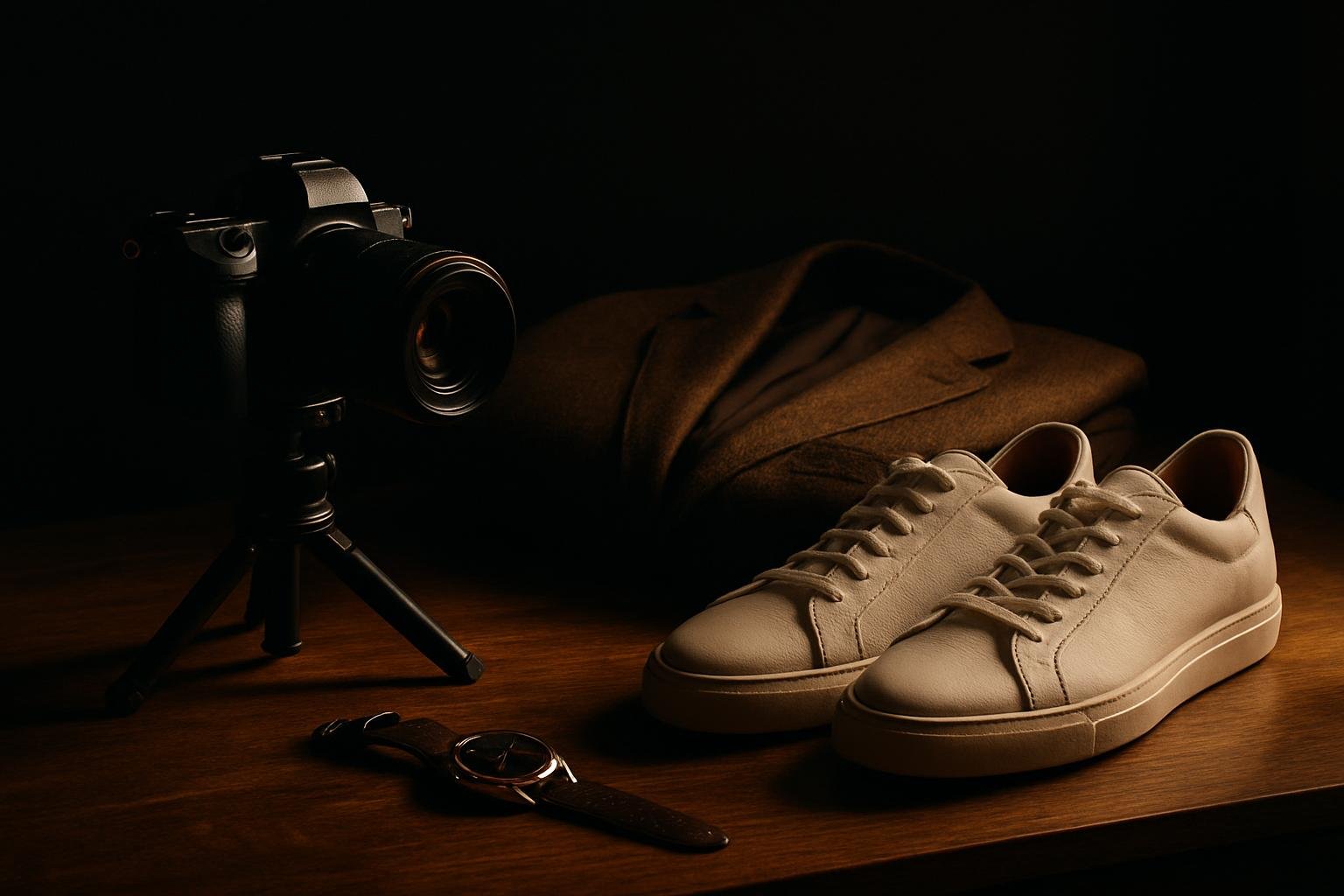 a camera on a small tripod next to a folded sport coat, a pair of clean white sneakers, and a watch on a wooden console table in soft morning window light