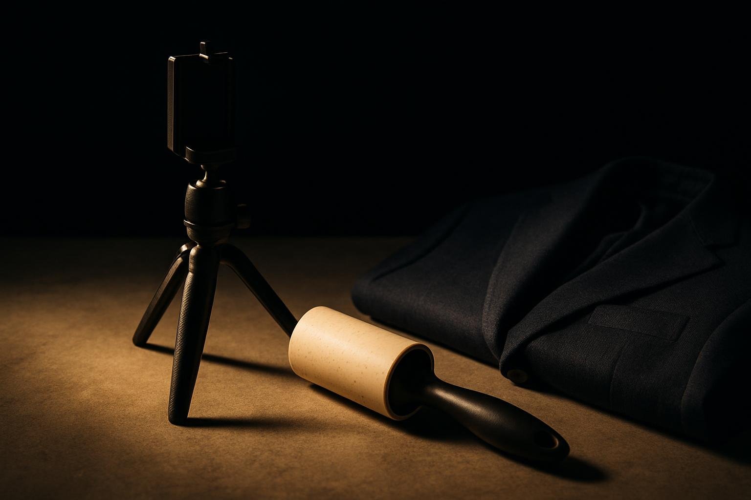 a small tabletop tripod, phone clamp, lint roller, and a folded navy sport coat arranged on a concrete surface in soft afternoon light