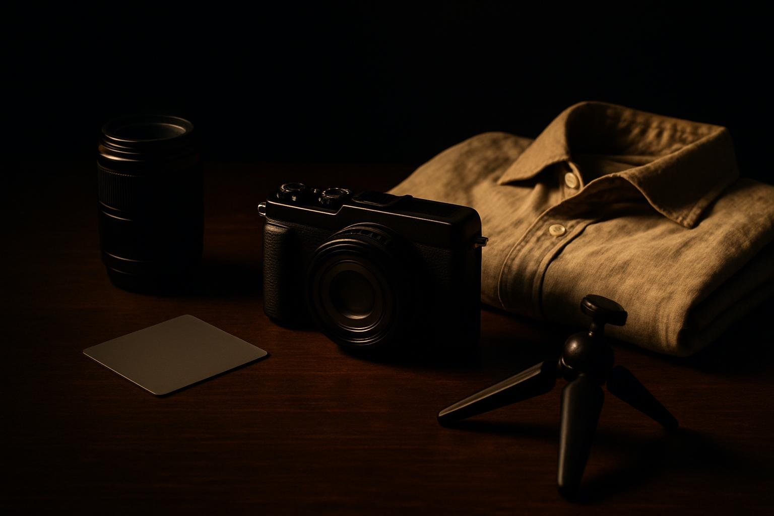 a compact camera on a wooden table beside a lens, a small tripod, a gray card, and a folded linen shirt under soft window light