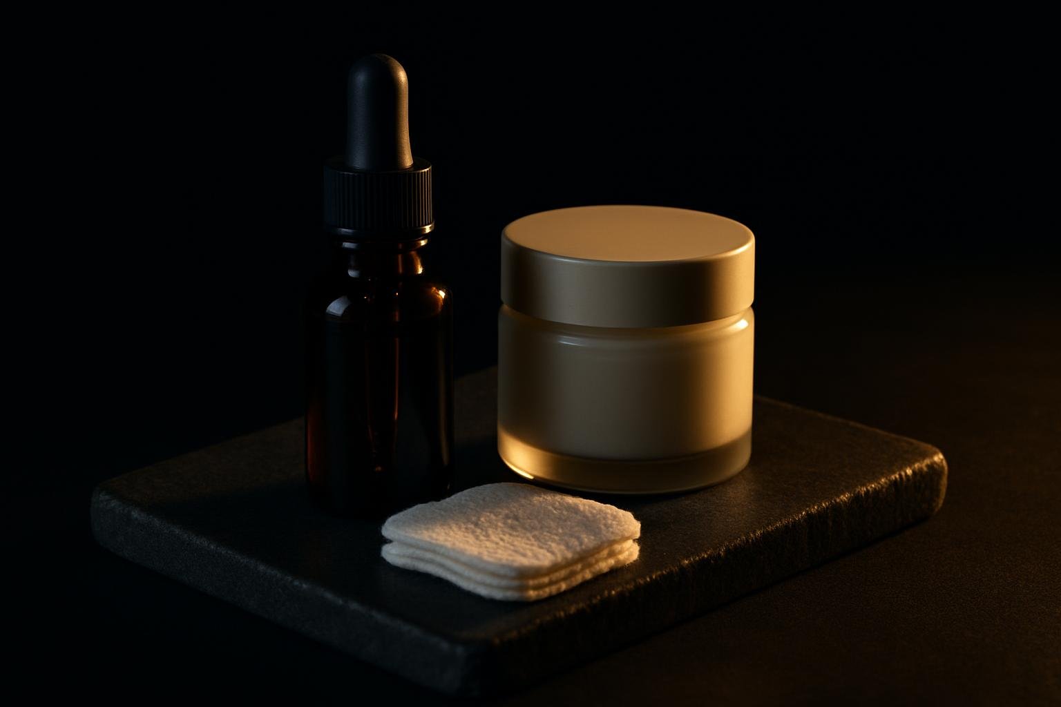 a small glass dropper bottle beside a plain jar of cream and a folded cotton pad on a matte stone tray under soft evening light