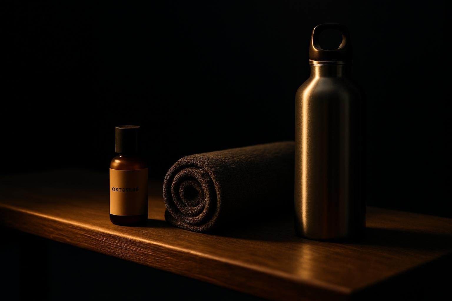 a gym locker bench with a small travel bottle of cleanser, a rolled microfiber towel, and a stainless water bottle under cool overhead light