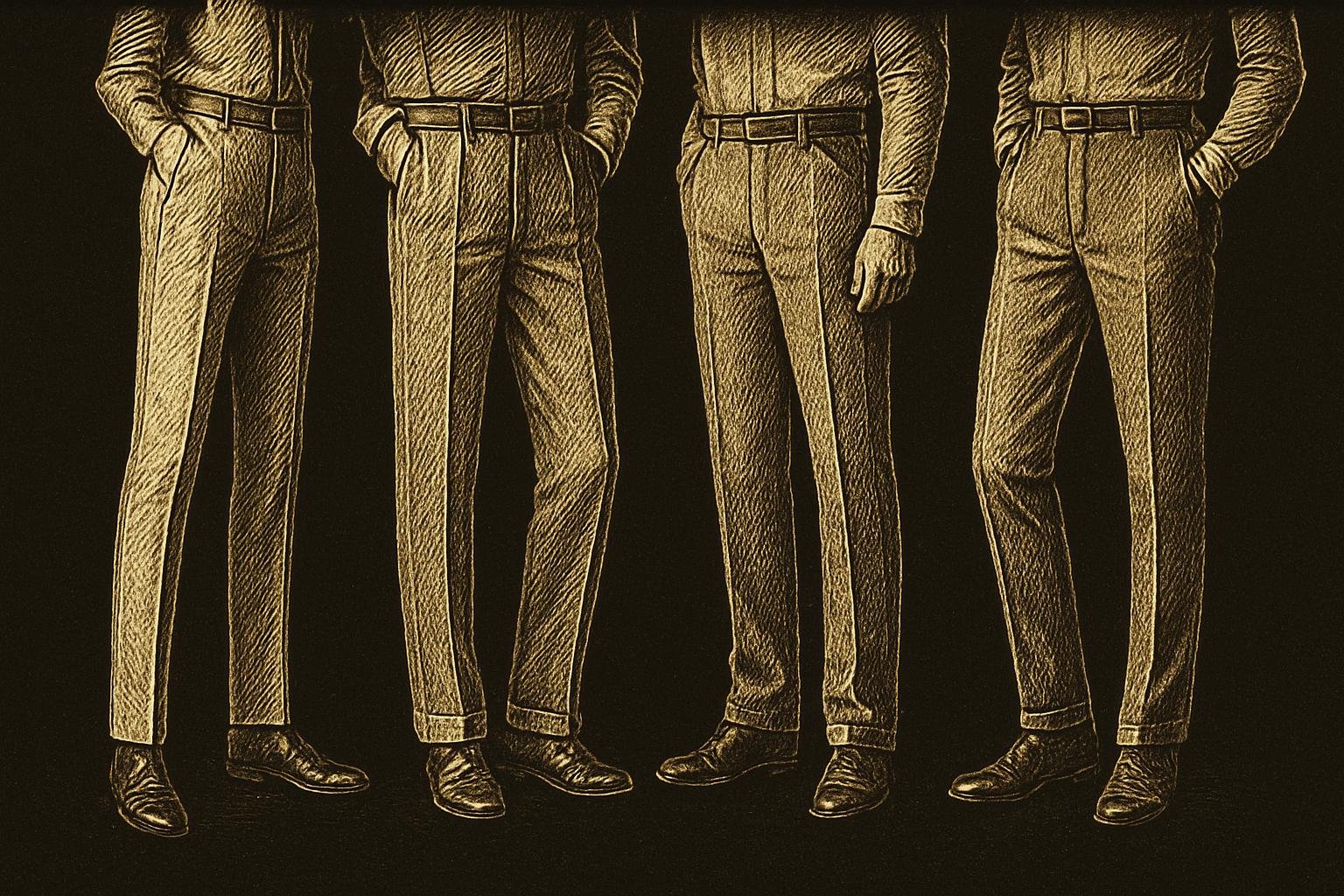 four etched gentleman lower-body figures displaying trouser silhouettes: flat-front with no break, pleated with slight break and cuffs, straight-leg with full break, and a gentle taper with slight break; vintage barber-chart engraving style