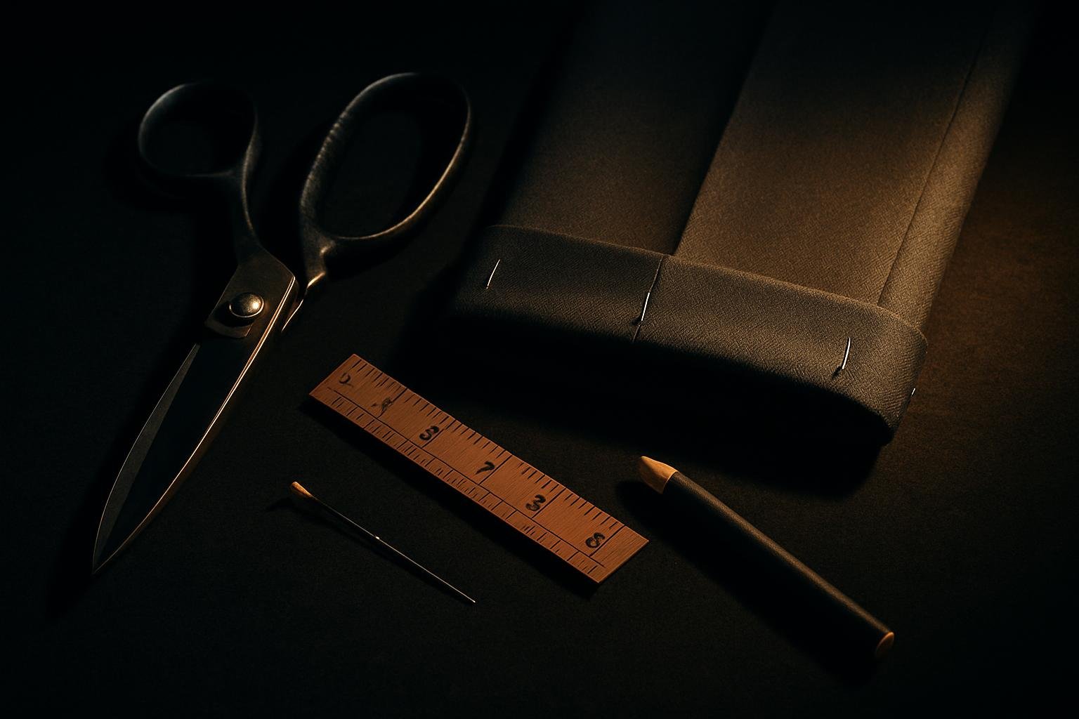 a neat still-life of a hemmed trouser leg with pinned cuff beside tailor’s scissors, a small ruler marked in inches, and a chalk pencil on grey felt under cool overhead light