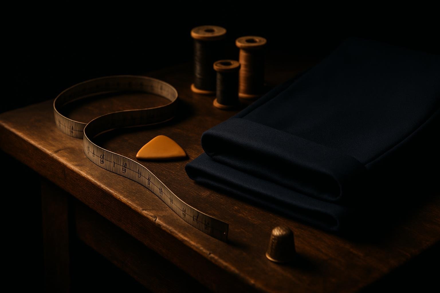 a wooden tailor’s bench with a metal measuring tape, tailor’s chalk, a pair of navy chinos folded to show the hem, thread spools, and a small brass thimble under soft window light