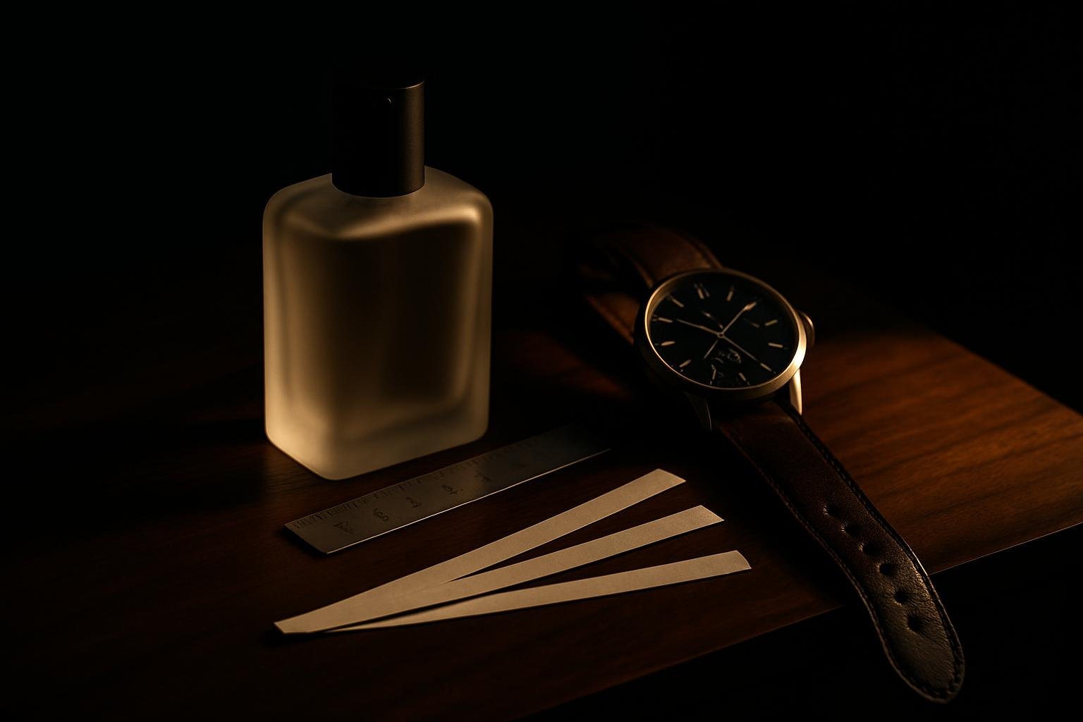 a matte glass cologne bottle beside a small ruler, a watch, and paper blotter strips on a walnut nightstand in soft morning window light
