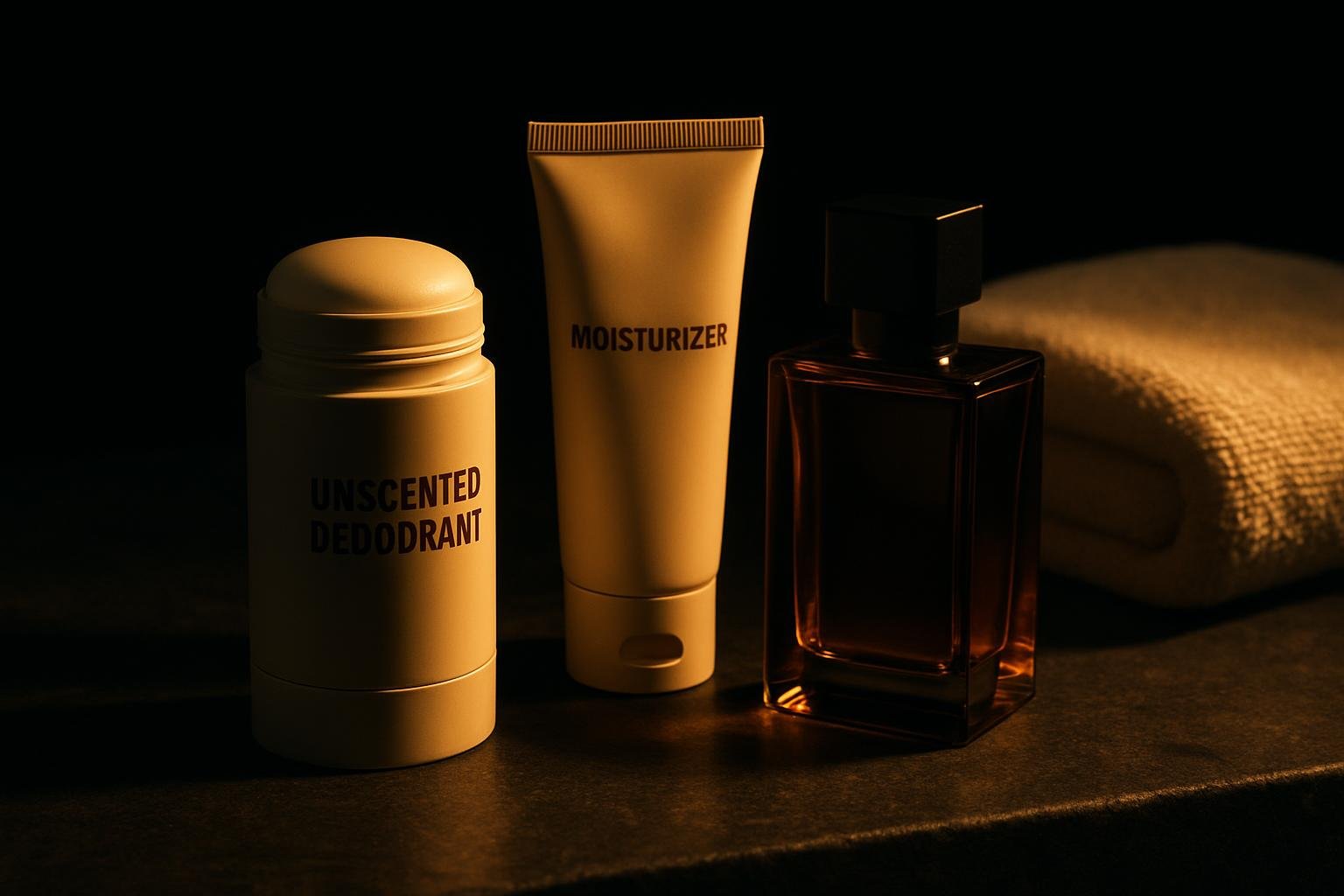 a bathroom counter with an unscented deodorant stick, a plain moisturizer, a closed cologne bottle, and a clean towel arranged on cool stone under overhead light
