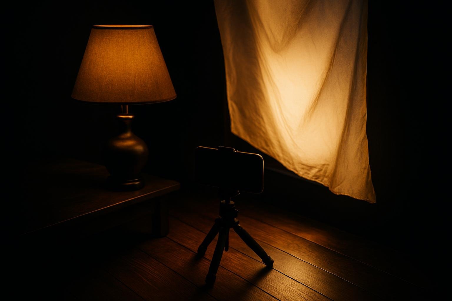 a shaded table lamp near a window, white sheet draped to diffuse light, a phone on a small tripod aimed slightly downward across a wooden floor