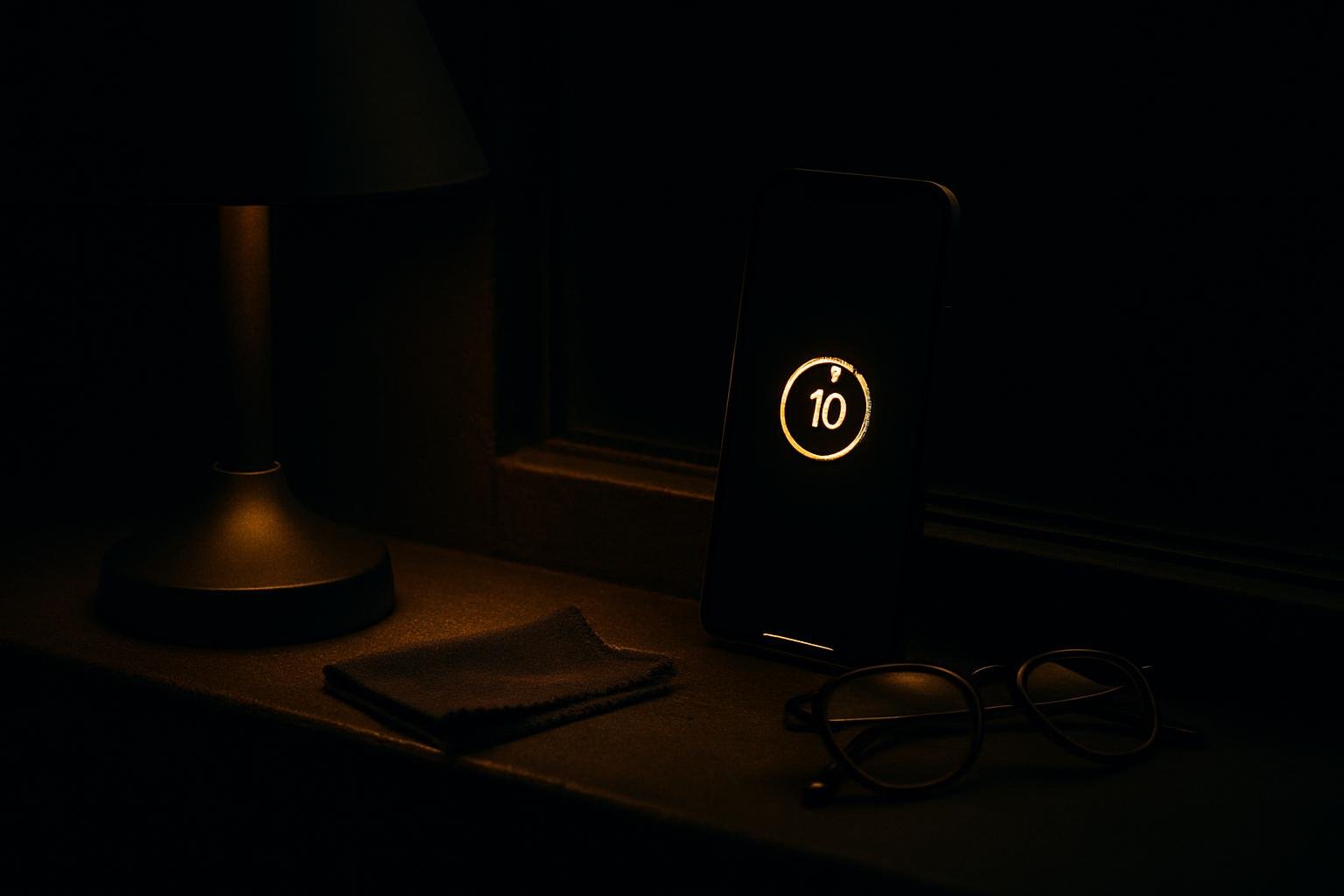 a phone on a windowsill with a 10-second timer icon showing as a small light, a shaded lamp to the side, and a microfiber cloth next to eyeglasses