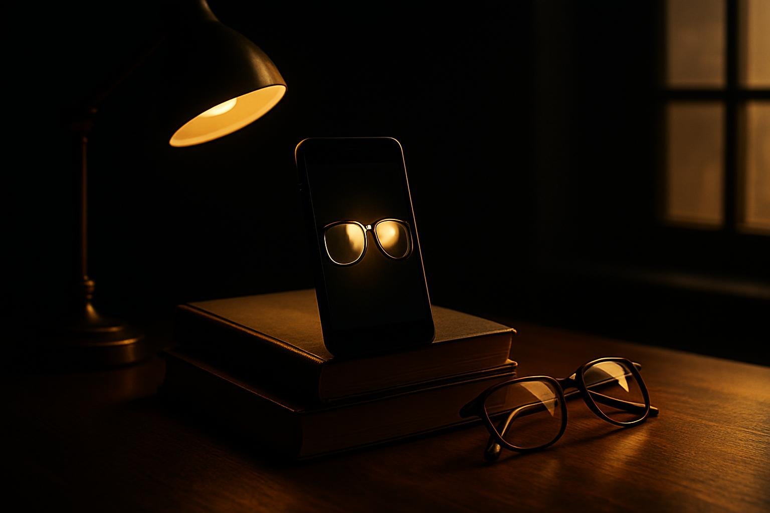 a smartphone propped on a stack of books, eyeglasses beside it, a shaded desk lamp and a bright window casting soft side light across a wooden table