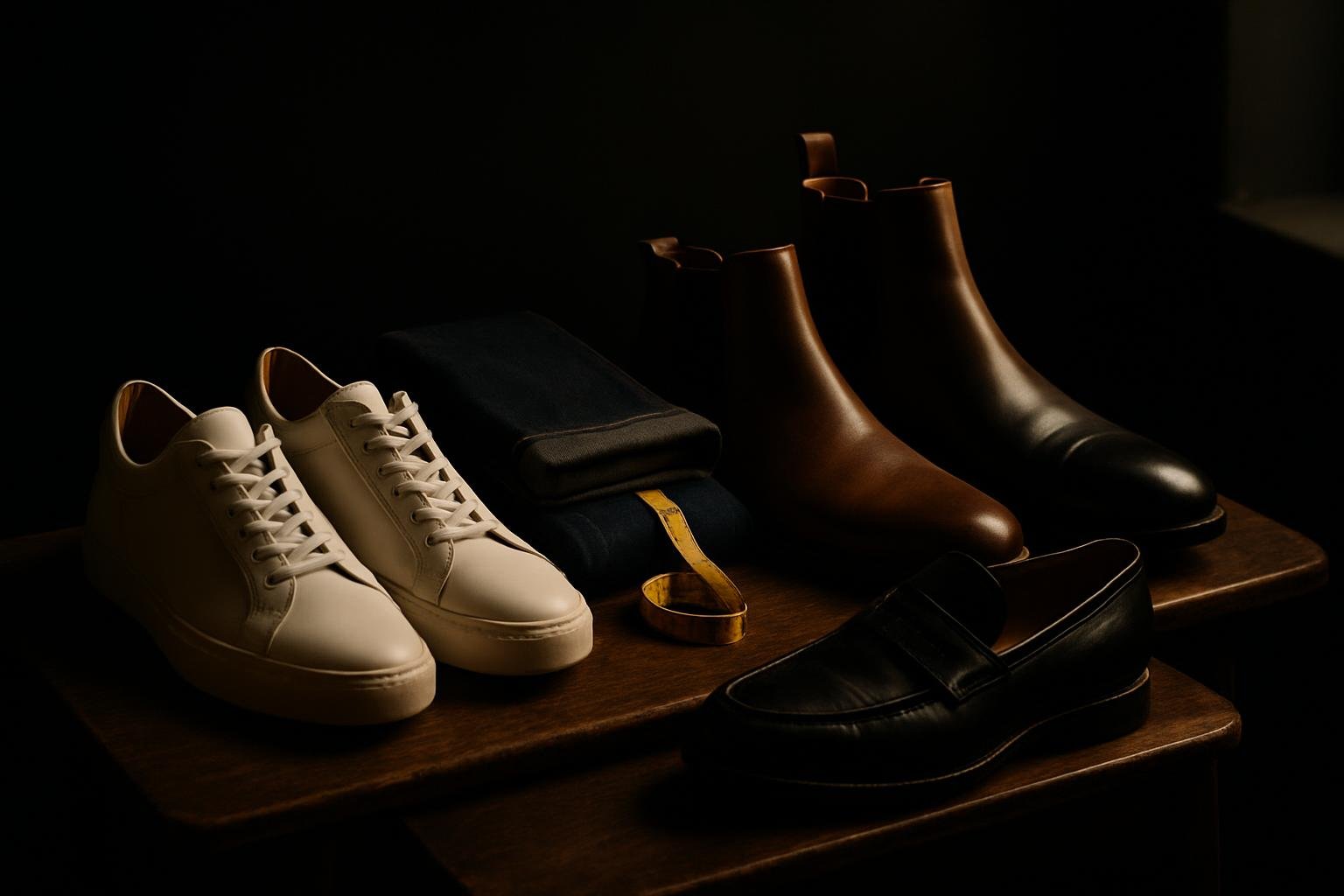 a still-life of three pairs of shoes—white low-top sneakers, brown Chelsea boots, and black loafers—beside a folded pair of dark denim and a measuring tape on a wooden bench under soft window light