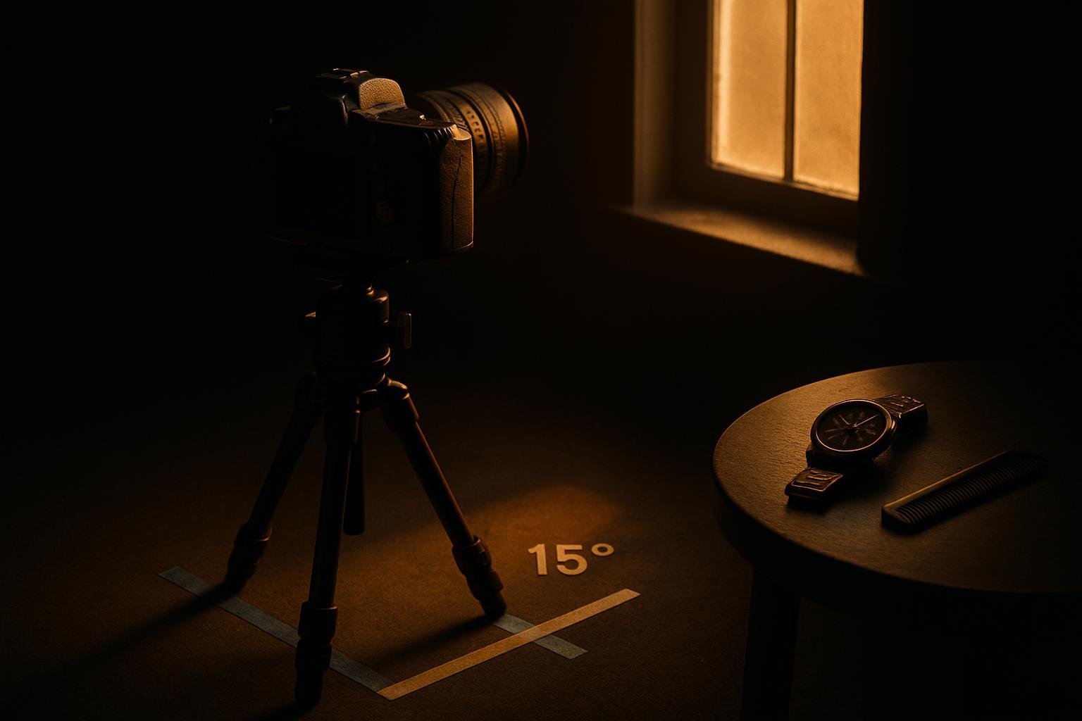 a camera on a tripod facing a sunlit window, painter’s tape marks on the floor indicating 15°, a wristwatch and small comb on a side table; soft side light