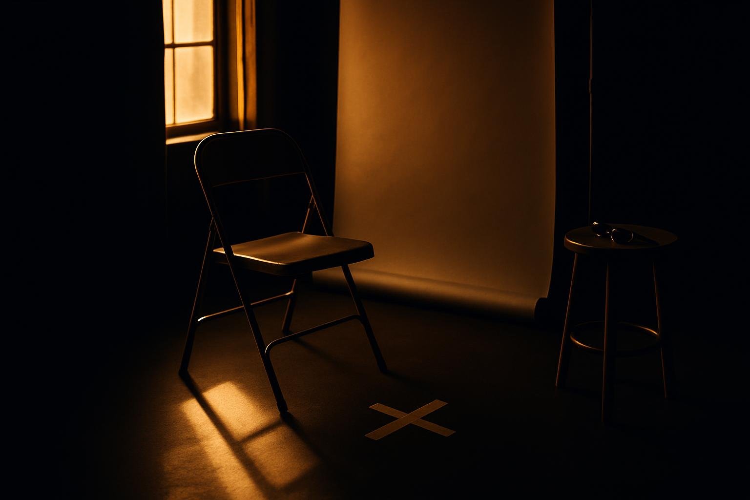 a folded metal chair near a bright window, painter’s tape X on the floor for standing position, a neutral backdrop roll, and a closed pair of sunglasses on a stool; afternoon light