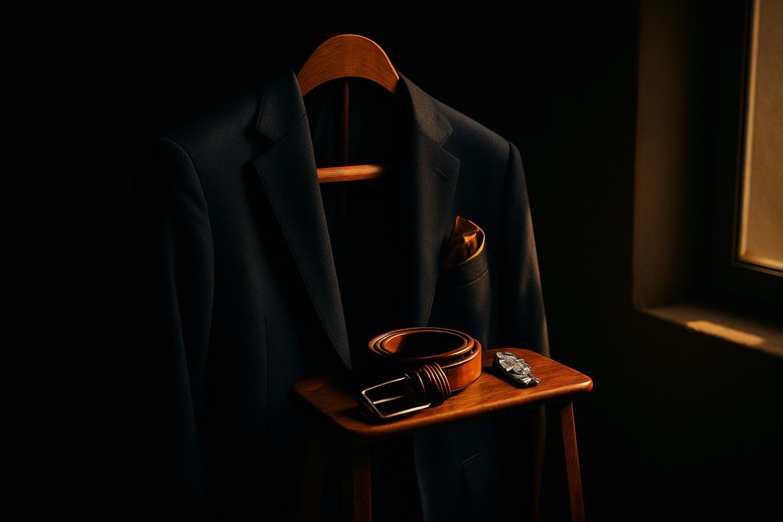 a wooden valet stand with a navy blazer, leather belt, metal watch, and a pocket square arranged near a sunlit window; soft morning light, neutral wall, no people