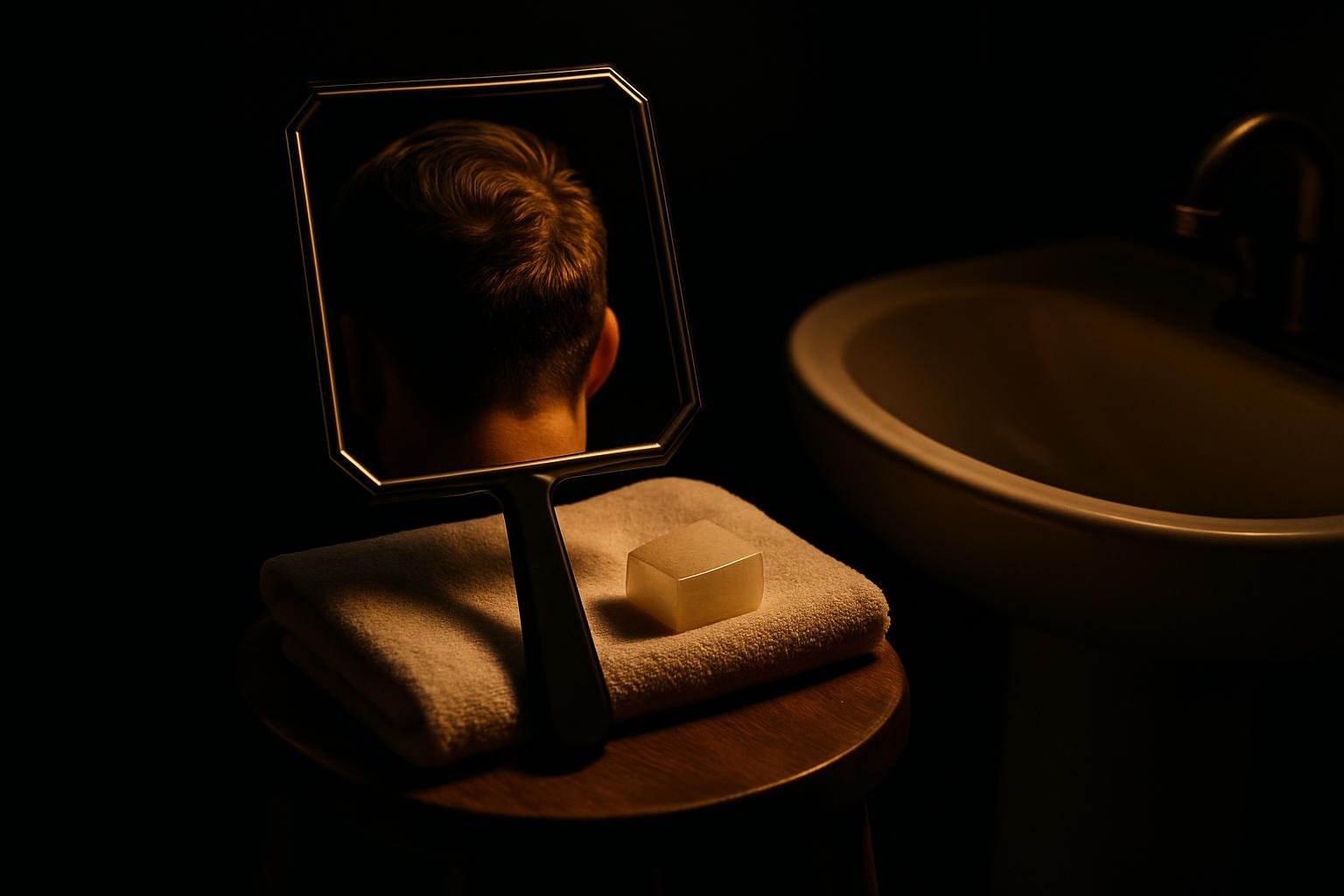 a handheld beveled-edge mirror, a folded white towel, and a small alum block placed on a wooden stool beside a bathroom sink with soft indirect morning light