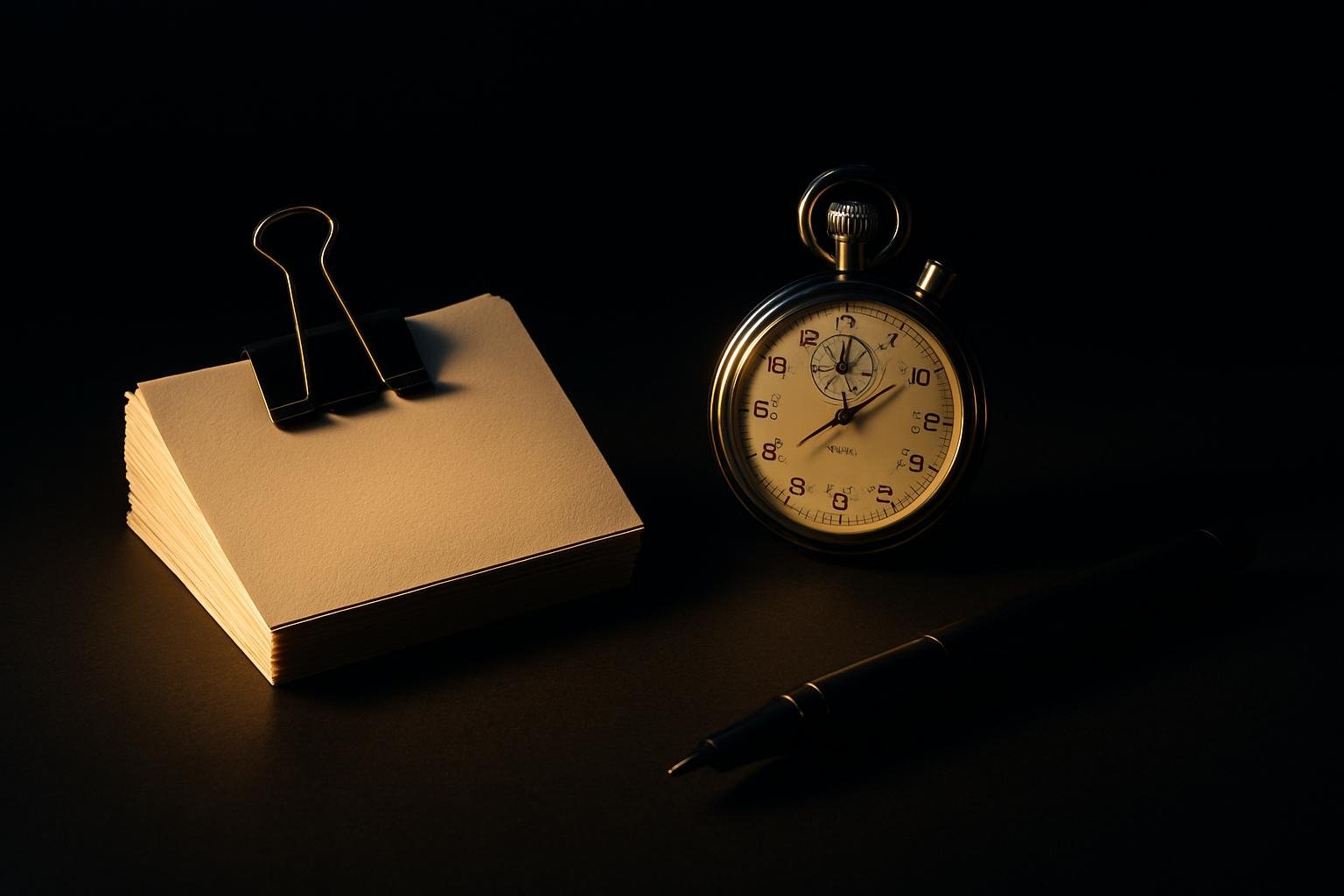 a white index card deck secured with a binder clip beside a slim stopwatch and a black fineliner on a clean desk in cool morning light