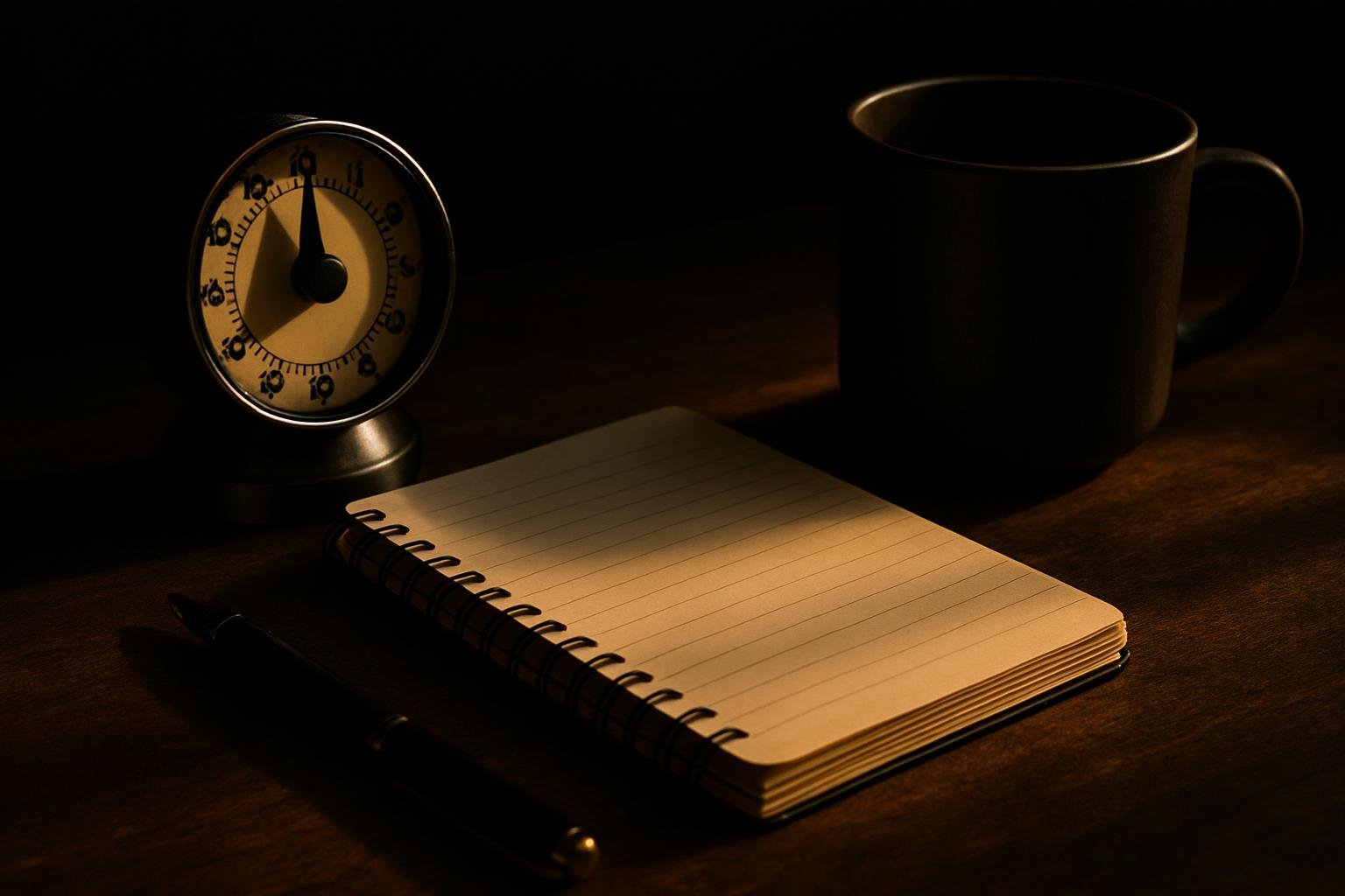 a small spiral notebook open beside a ticking kitchen timer, a pen, and a ceramic mug on a wooden table under warm afternoon window light