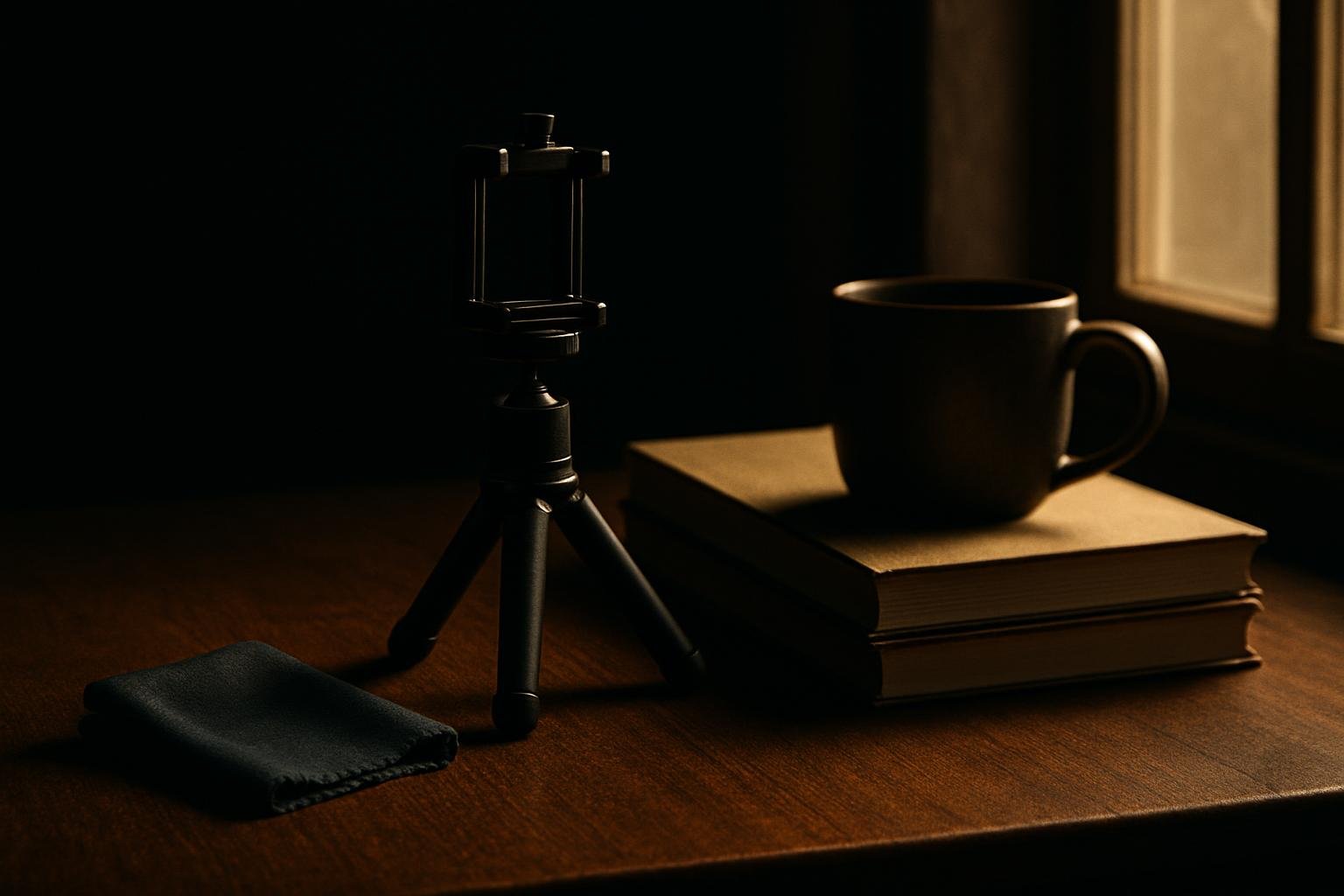 DEFAULT — a microfiber cloth, a small tabletop phone tripod, a closed book stack, and a ceramic mug arranged on a wooden surface by a bright window with soft morning light