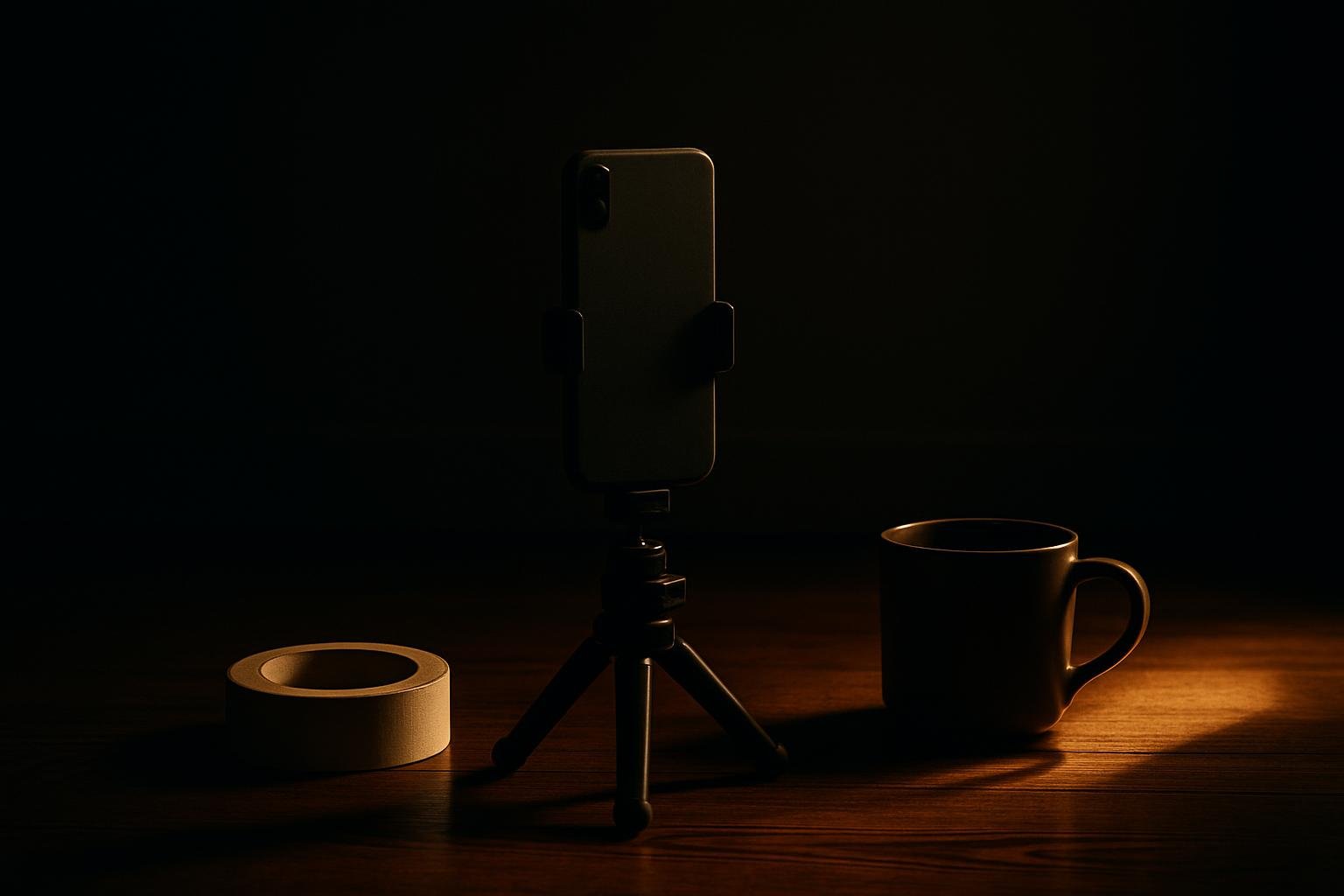 DEFAULT — a small phone tripod on a hardwood floor facing a plain wall, a roll of painter’s tape and a coffee mug nearby, lit by late-afternoon window light