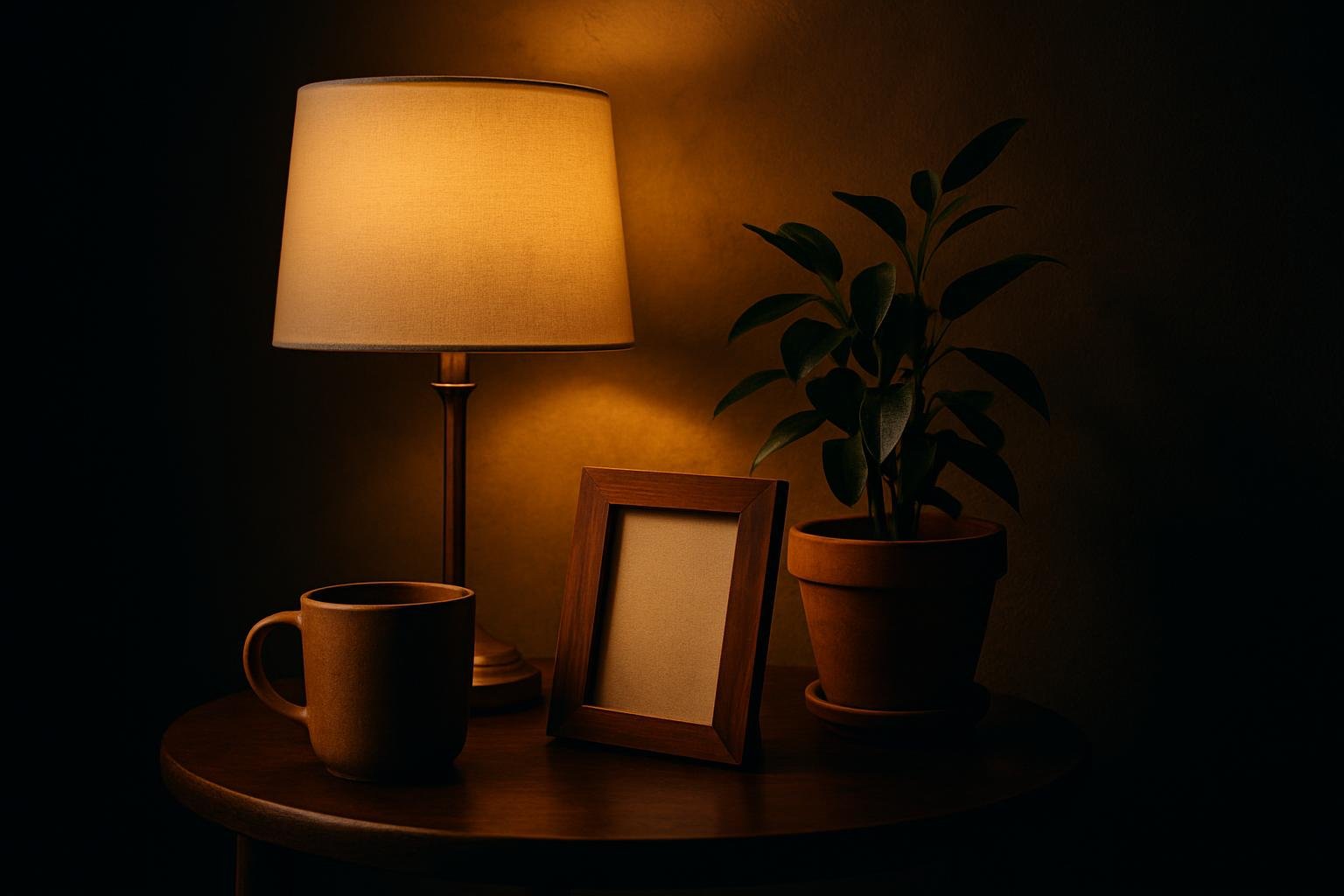 a small side table with a warm lamp, a ceramic mug, wood picture frame, and a plant in front of a textured tan wall, lit by late-afternoon window light