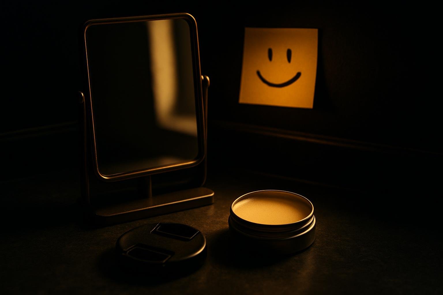 a bathroom counter with a small mirror, a sticky note with a smiley doodle, a camera lens cap, and a tin of matte lip balm arranged under soft morning window light