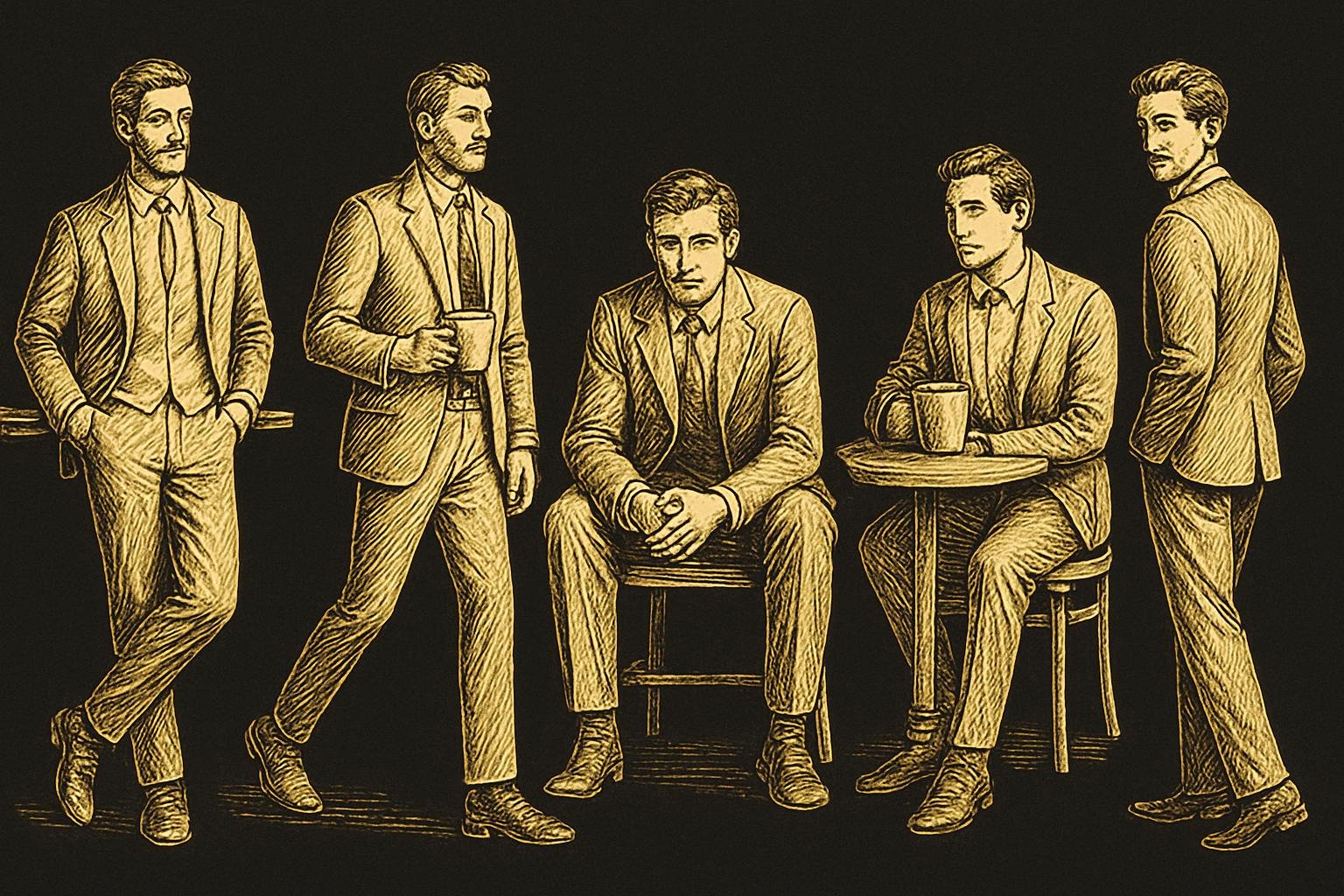five etched gentleman figures demonstrating simple poses: a relaxed wall lean with one hand on a rail; a slow walking stride with a cup; a seated bench posture with forearms on thighs; a casual table sit with a mug; a glance back over the shoulder with a soft smile