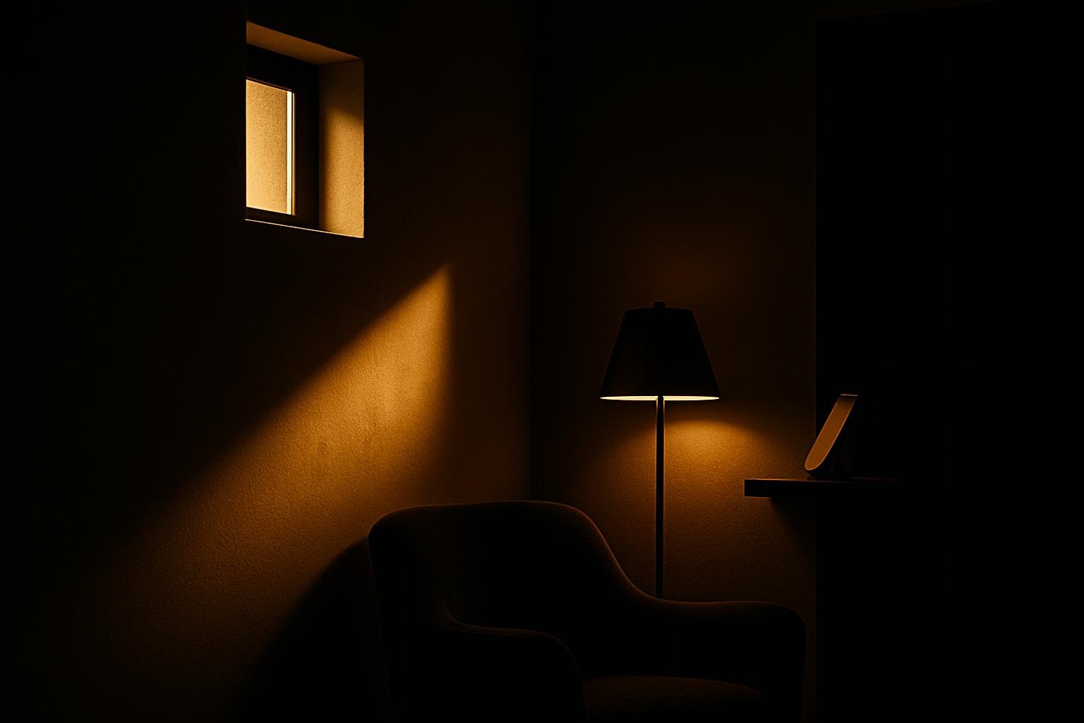 a small window casting angled light across a neutral wall; a floor lamp behind a chair creating a faint rim against a dark doorway; a phone on a shelf pointed toward a ceiling; warm late-afternoon light