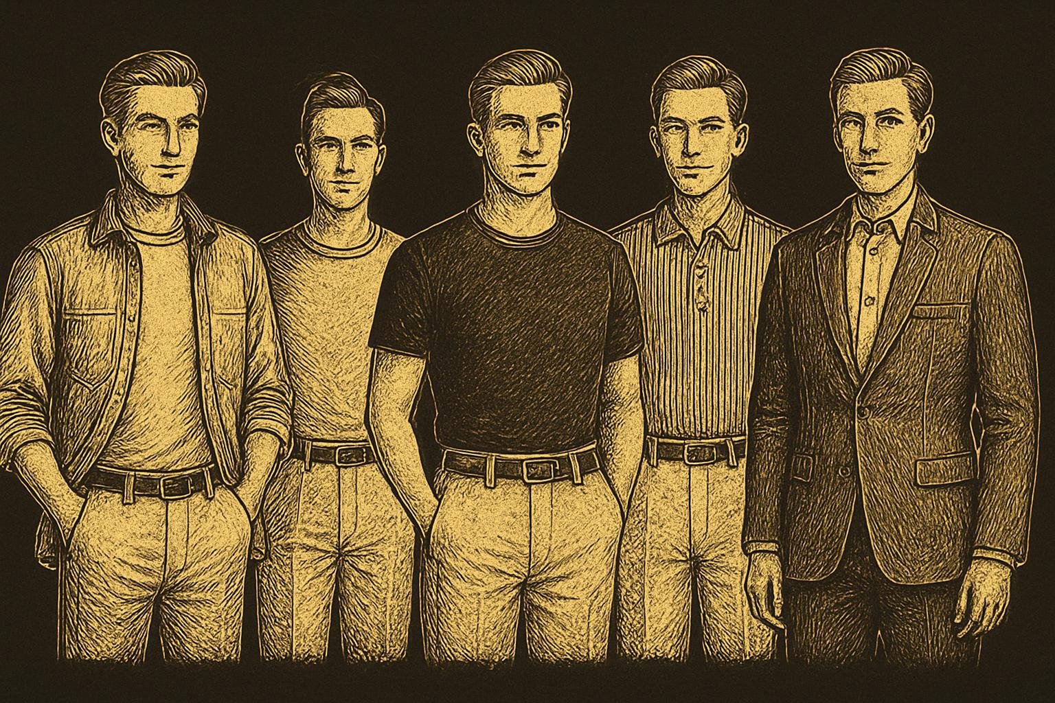 five etched half-figure illustrations showing: open overshirt framing lines, mid-rise trousers placement, darker top/lighter pants combo, vertical stripe knit polo, and jacket length at mid-fly