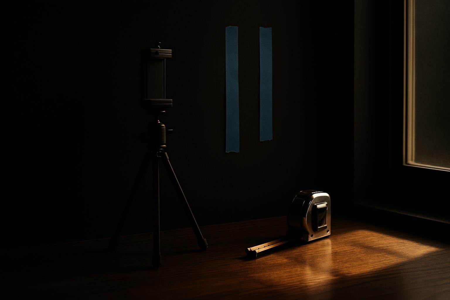 a small phone tripod, a metal tape measure, and two strips of blue painter’s tape on a blank wall beside a window, morning side light across a wooden floor