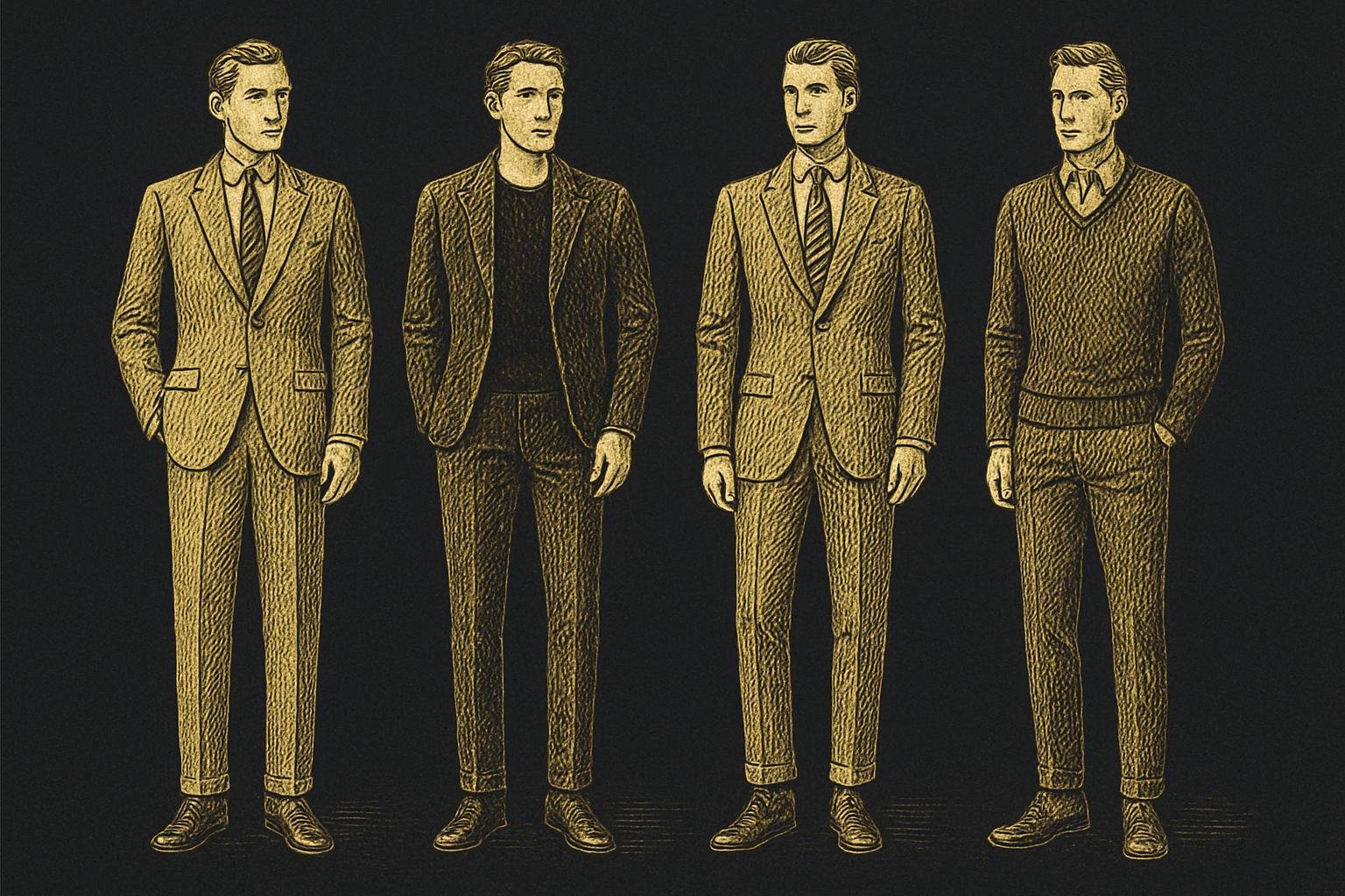 four etched gentleman figures showing outfit silhouettes that elongate: high-rise trousers with minimal break and matching shoes; monochrome dark outfit with open jacket; slim cuff one roll; V-neck sweater with mid-fly length top