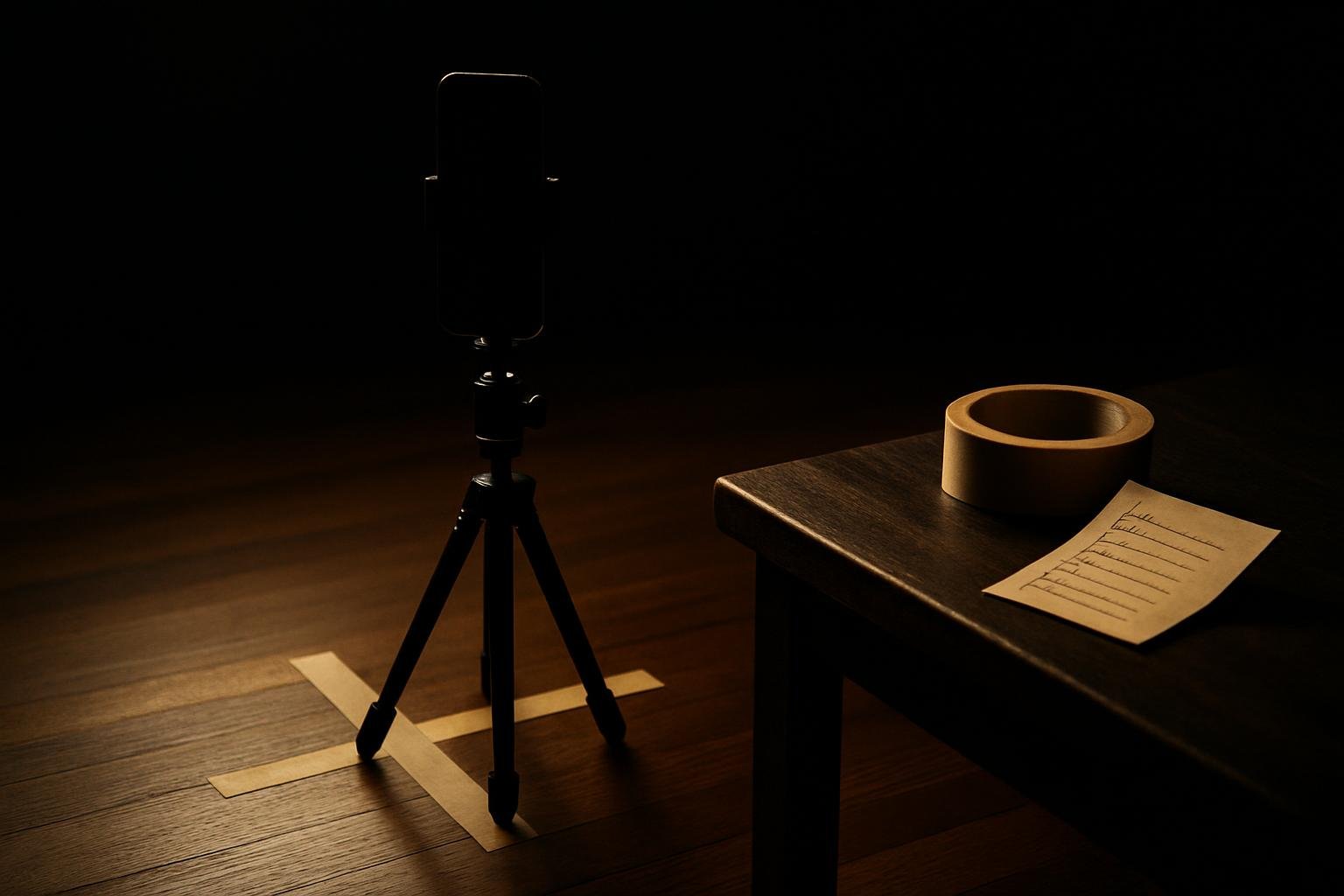 a small phone tripod on painter’s tape marks across a hardwood floor, with a roll of tape and a folded note card checklist on a bench under soft window light