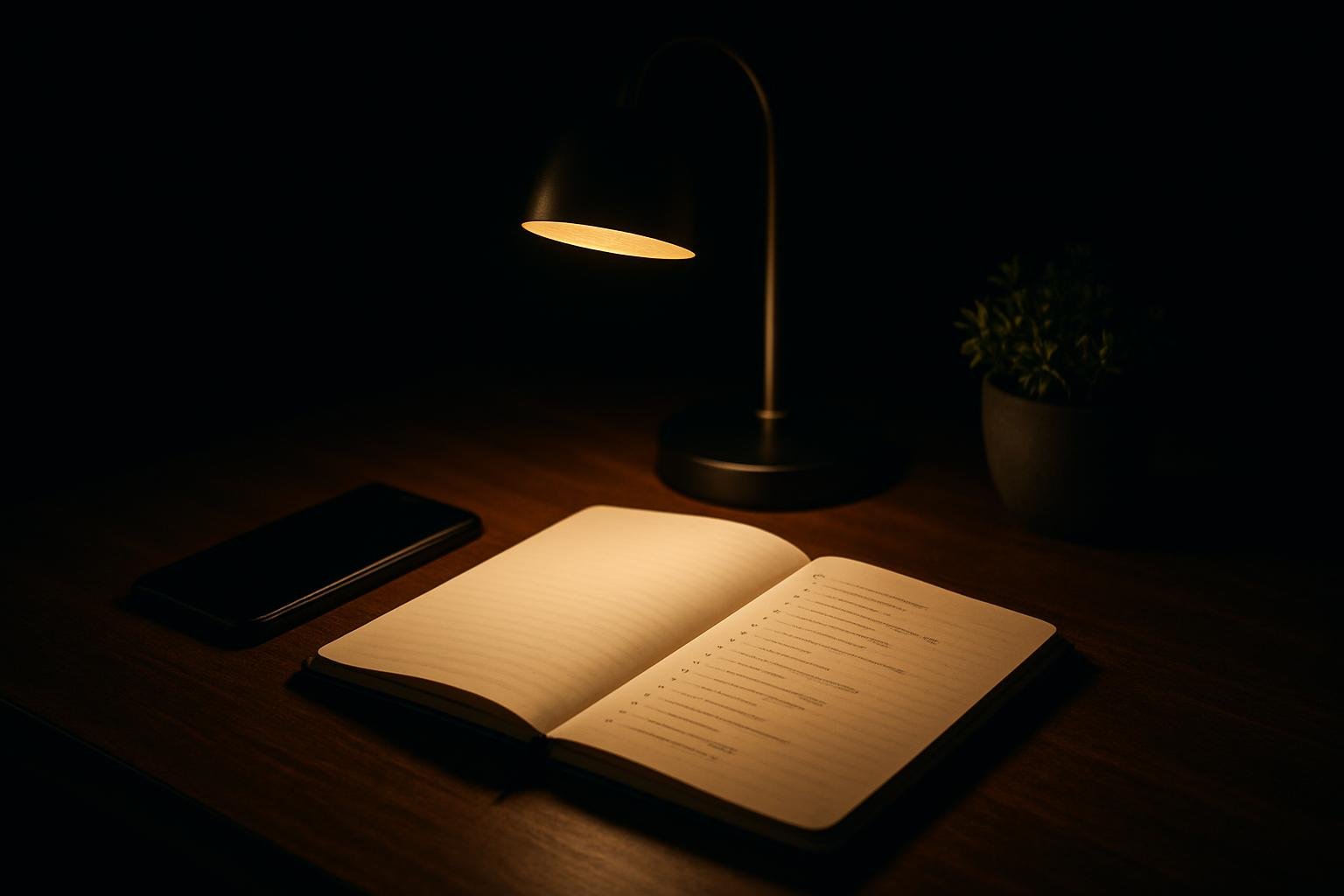 an open notebook with tidy bullet points, a phone face down, a minimalist desk lamp casting warm light over a wooden desk with a small plant
