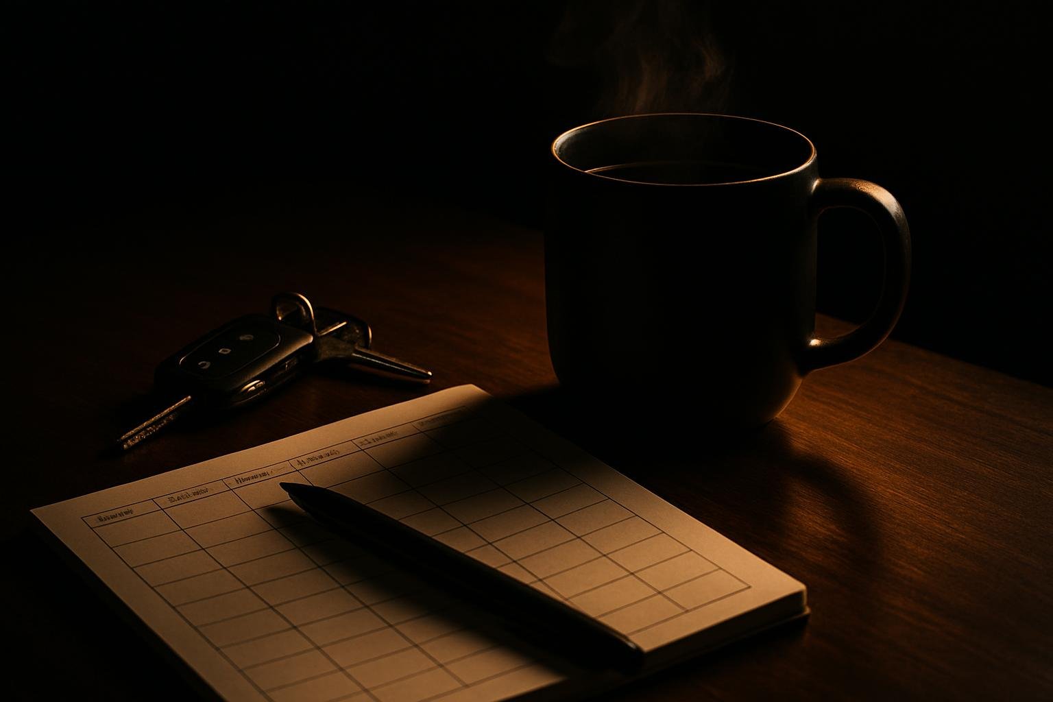 a paper weekly planner with a simple grid, a black pen, car keys, and a steaming mug on a wooden table in soft morning window light
