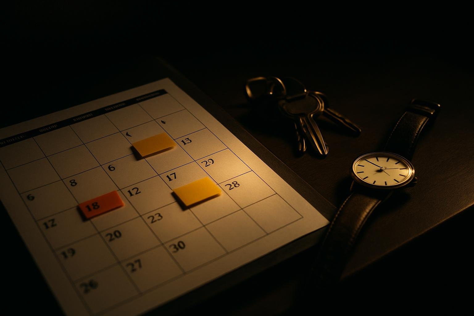 a wall calendar with blocks highlighted by sticky tabs, a set of house and car keys, and a simple wristwatch under soft afternoon light on a hall table