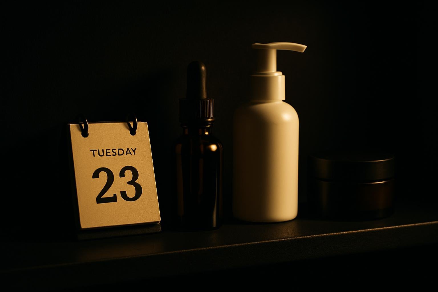 a bathroom shelf with a small desk calendar, an unbranded amber dropper bottle, a white pump cleanser, and a closed cream jar under cool evening light; no text or logos