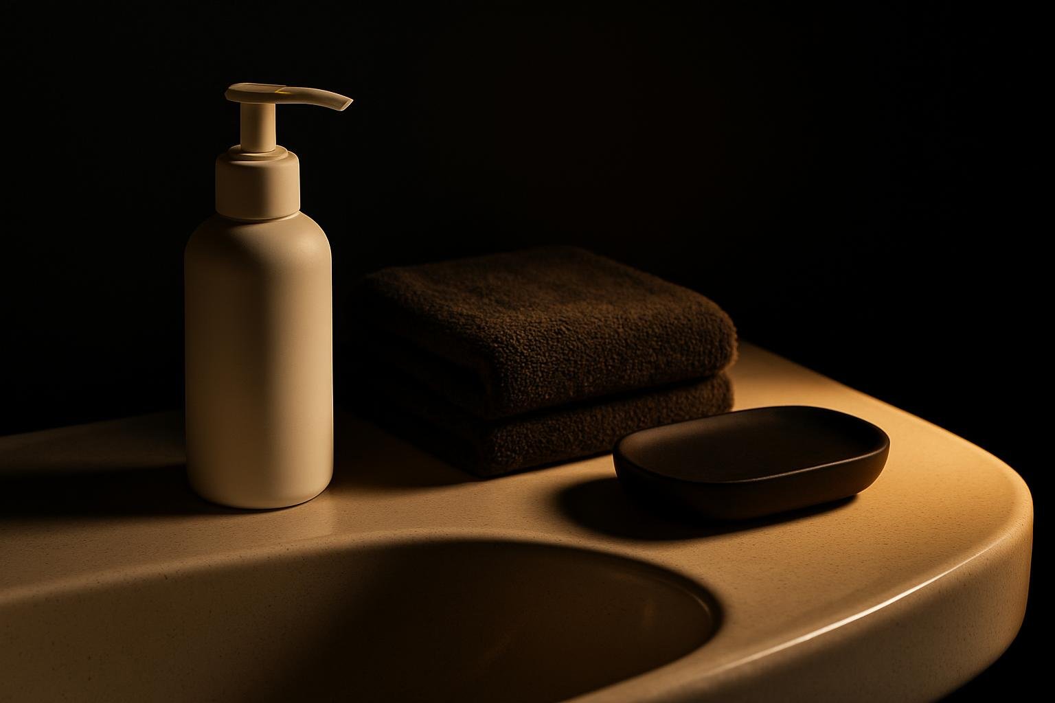 a ceramic bathroom sink edge with a plain white pump cleanser, folded cotton towel, and a matte black soap dish under soft evening light; no labels or text visible