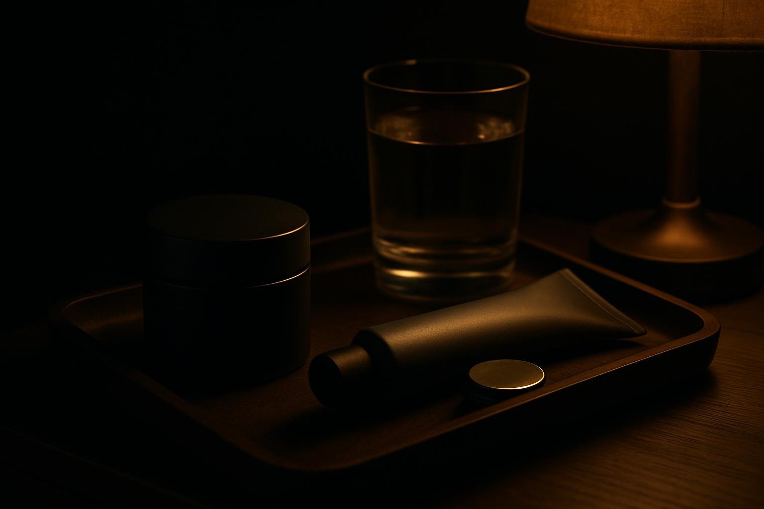 a nightstand tray with a closed jar cream, a gel-cream tube, and a small lip balm tin beside a glass of water under soft lamp light; no brands or text