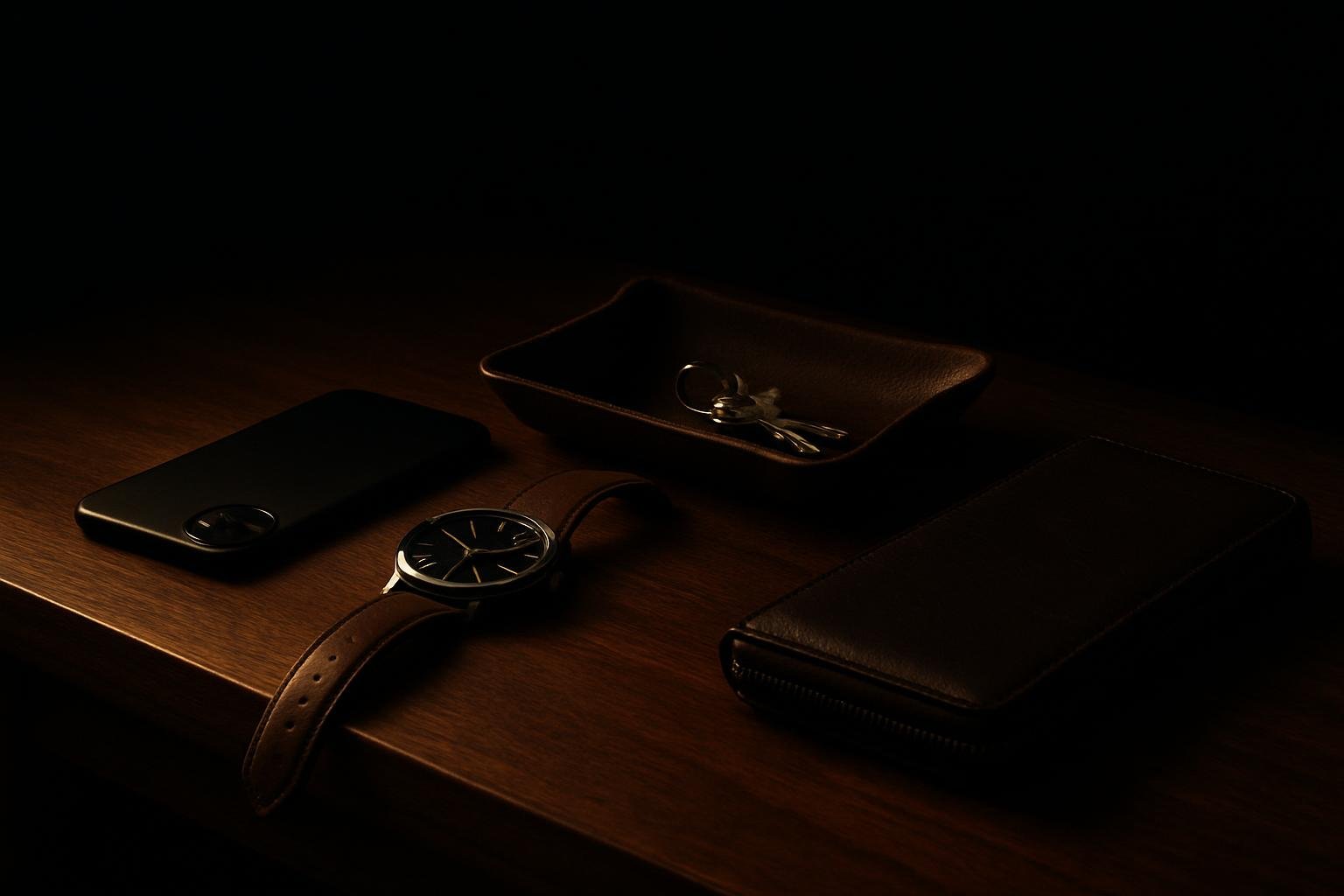 a walnut entry table with a phone face down beside a wristwatch, leather key tray, and a slim zip pouch; evening window light, soft shadows; no people or screens lit