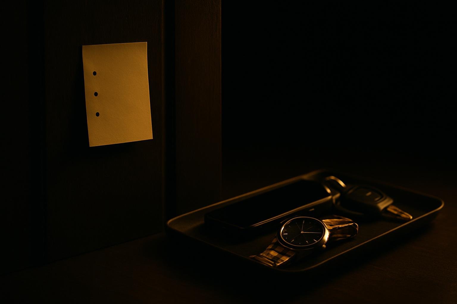 a slim sticky note on a dark wood door with three bullet dots drawn, a wristwatch lying beside a closed phone and car keys on a small tray; soft morning light; no people or text legible