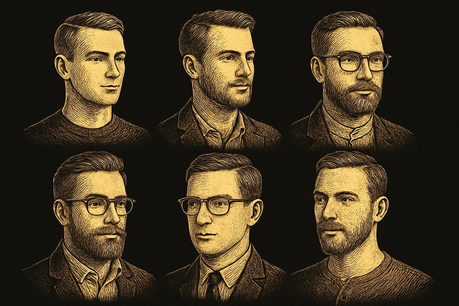 Six etched gentleman busts: 1) clean-shaven with structured crew neck; 2) 3mm stubble with casual blazer; 3) short boxed beard; 4) round thicker eyeglass frames; 5) square wider frames; 6) Henley with open top button.