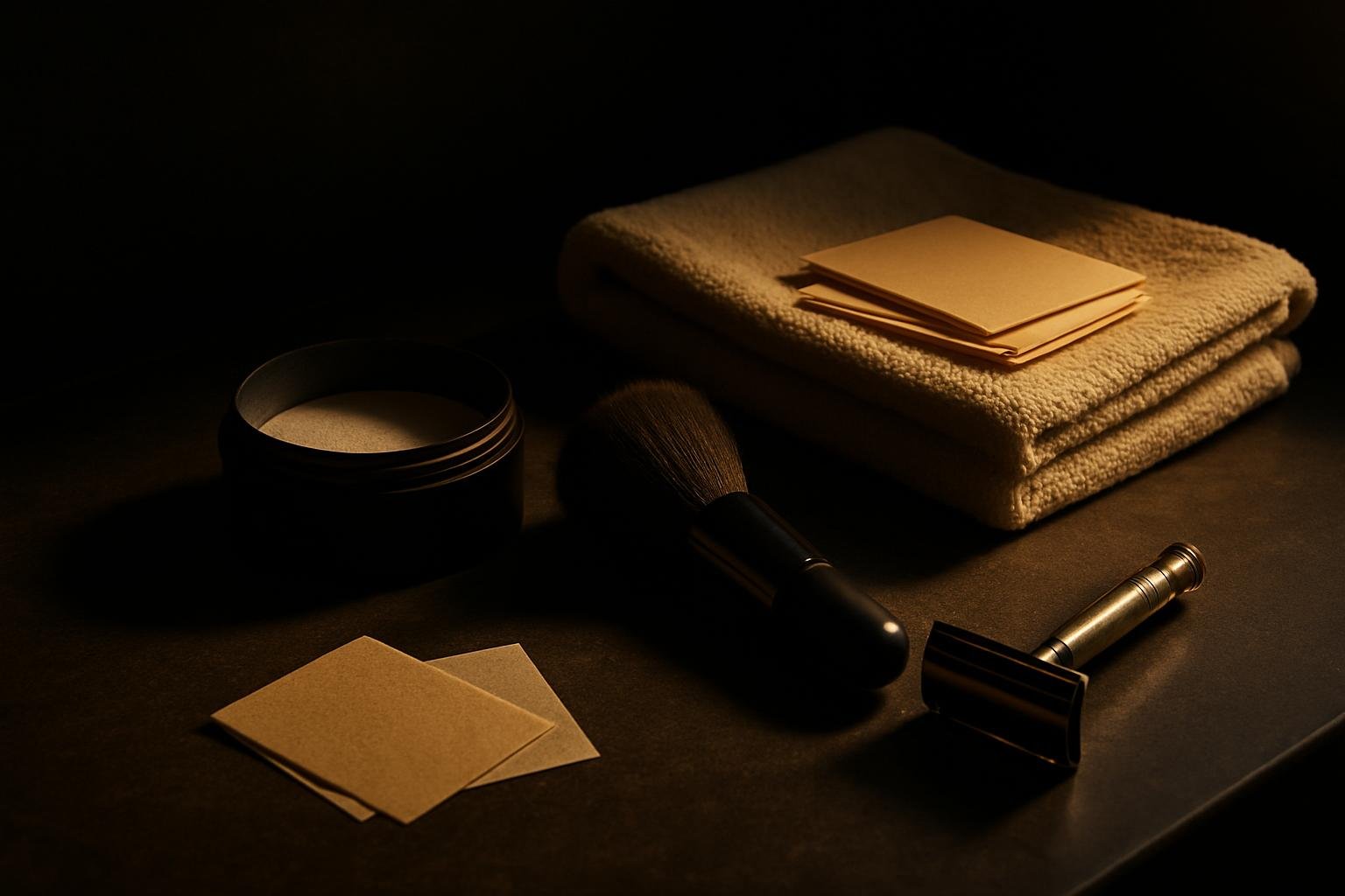 A simple bathroom counter scene: translucent powder tin, a soft makeup brush, oil-blotting sheets, a clean towel, and a safety razor under soft window light on matte stone.
