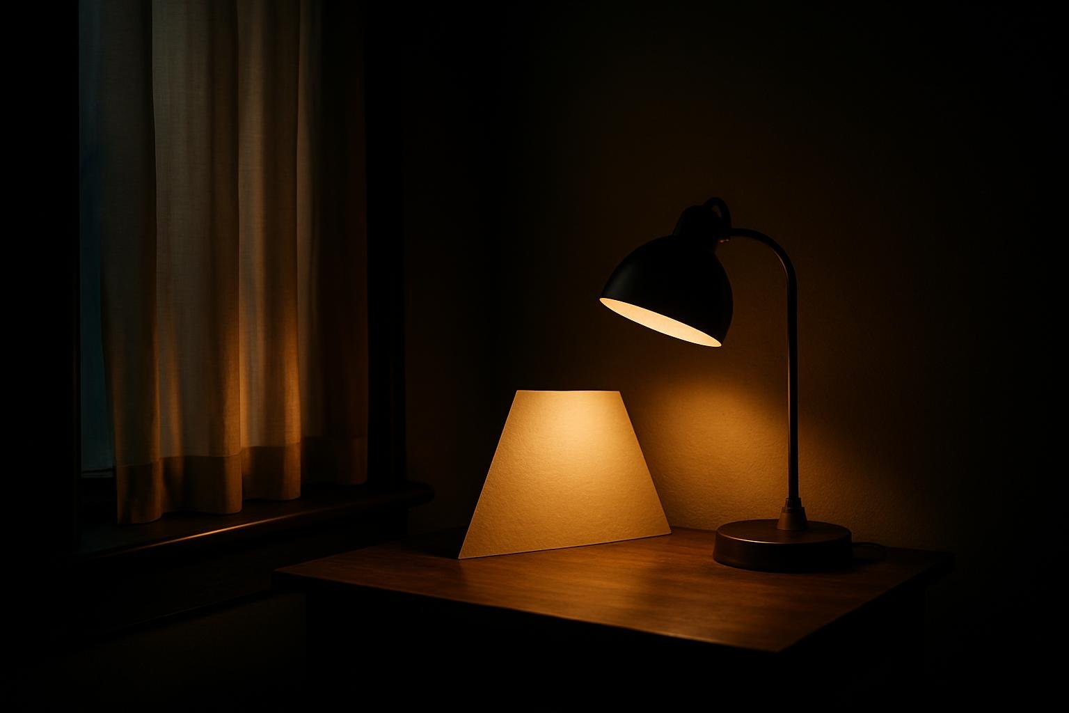 A windowsill with a sheer curtain, a small desk lamp aimed at a white wall, and a folded paper reflector on a wooden table, all lit by soft afternoon light.